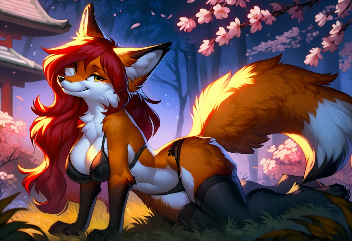 By Hioshiru, red fox, long fox tail with black tip, furry, female, outside of a Japanese shrine, green high grass, cherry blossom tree, night, side view, lying on stomach, stretching, seductive pose, butt up, arched back, gazing at viewer with side eye, smiling, smile, smug, biting lower lip seductively, (Half-closed eyes), long beautiful hair, red hair, yellow eyes, black underwear, black bra, thigh highs, big breasts, sassy hips, safe for work