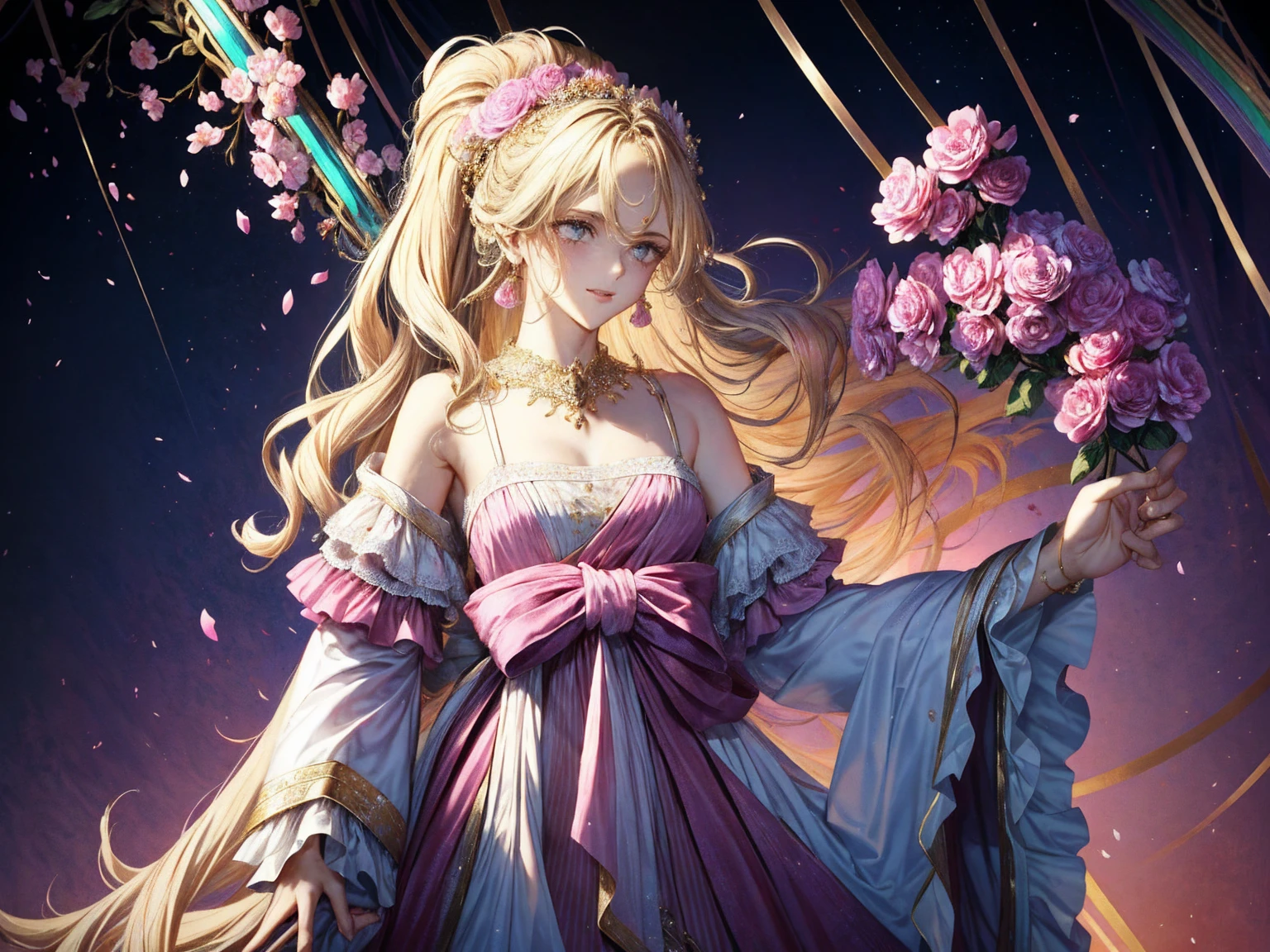 (8k, Best Quality, masterpiece: 1.2), Ultra-high resolution,,Marie Antoinette,Ultra-detailed face,Fine grain,Open your mouth a little,(Blonde),Long Hair,Wavy Hair, break,Rococo Ruffle Dress,Long sleeve dress,The dress includes an extra long skirt,Baroque Dress, Intricate fantasy dress, glamorous ruffled dresses, Romantic Dress, Ruffled Costume,Raffle, Data Style, Formal Wear, Fancy Fashion, palate colors include pink and white,(pink:1.5),Class A Smile,Gold Tiara, necklace,Sit in a luxurious chair,Hands on knees,(Rainbow light:1.4),,Profile of a person gazing out a window,The rosebush is reflected in the window,(Inside Victoria Palace)、Her eyes sparkle、Now her blonde hair reaches down to her waist、Rose-colored gradation and three, 薄いpinkのロック. 彼女は花柄の装飾が施されたGold Tiaraを着用し、Matching earrings, White flower choker. 彼女は金色のボタンで縁取られたフリル付きの白いストライプのpinkのトップを着ている, The white sleeves are shaped like flower buds.. A magenta ribbon runs along her chest.、Tied behind the neck、Matching chest piece, Decorated with flowers. Her frilly skirt is divided by a white lining, Fastened with a large magenta ribbon、Decorated with gold, There is a small ribbon on the back. Her miniskirt is、薄いpinkのマゼンタの貝殻状の裏地と白い花のペチコートでできている. 彼女はpinkの花がついた白い手袋も着用している, 白と薄いpinkの靴には、ゆるいカフとDecorated with flowersたマゼンタのリボンがある.
