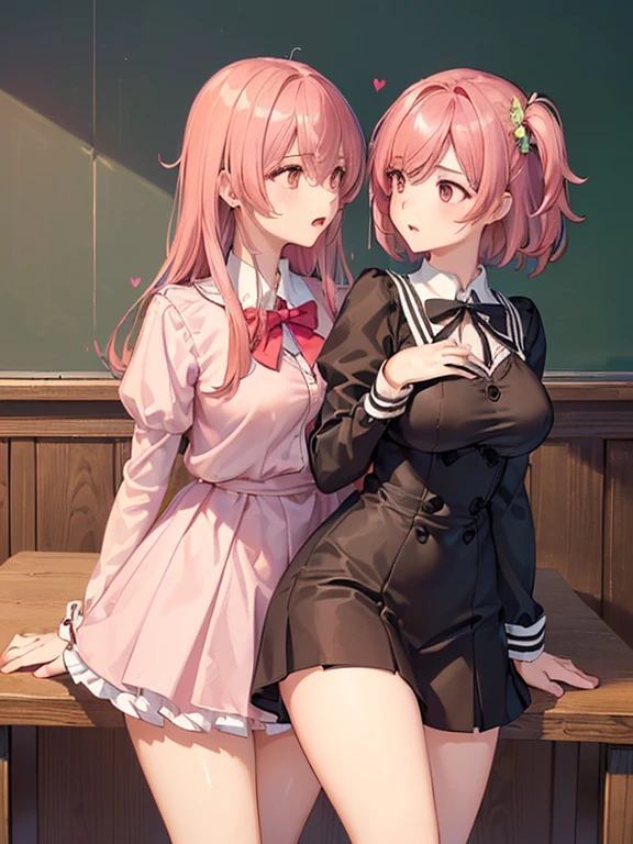 ((2girl),(yuri),(Stare deeply into each other's eyes)), (illustration), (masterpiece,best quality,high-resolution,detailed fingers,detailed hands,detailed eyes,detailed legs:1.5), (Anatomically correct number of limbs),  (long hair,short hair,pink and red hair), (big breasts),((clothed))), ((orgasm), (spoken heart)),((classroom),(Late Night))