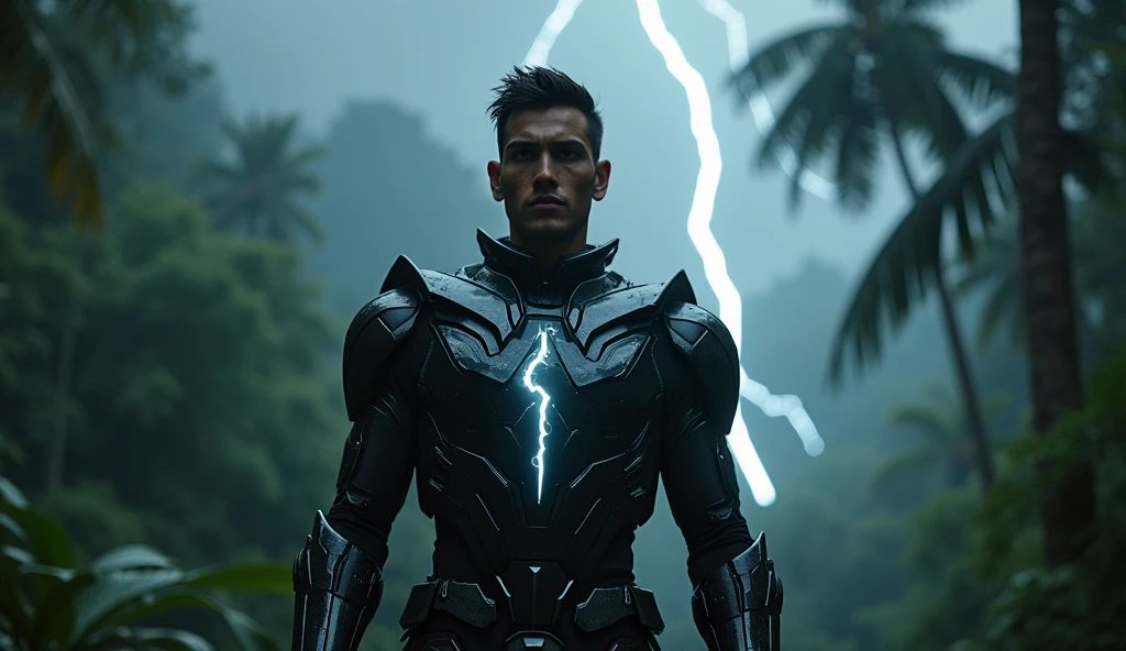A masculine muscular naked man who has a sexy face with seductive red eyes, he has a 100% mechanical body that is black, he is German but strives to assimilate men. His naked body can be seen in the picture, he is 25 years old. 