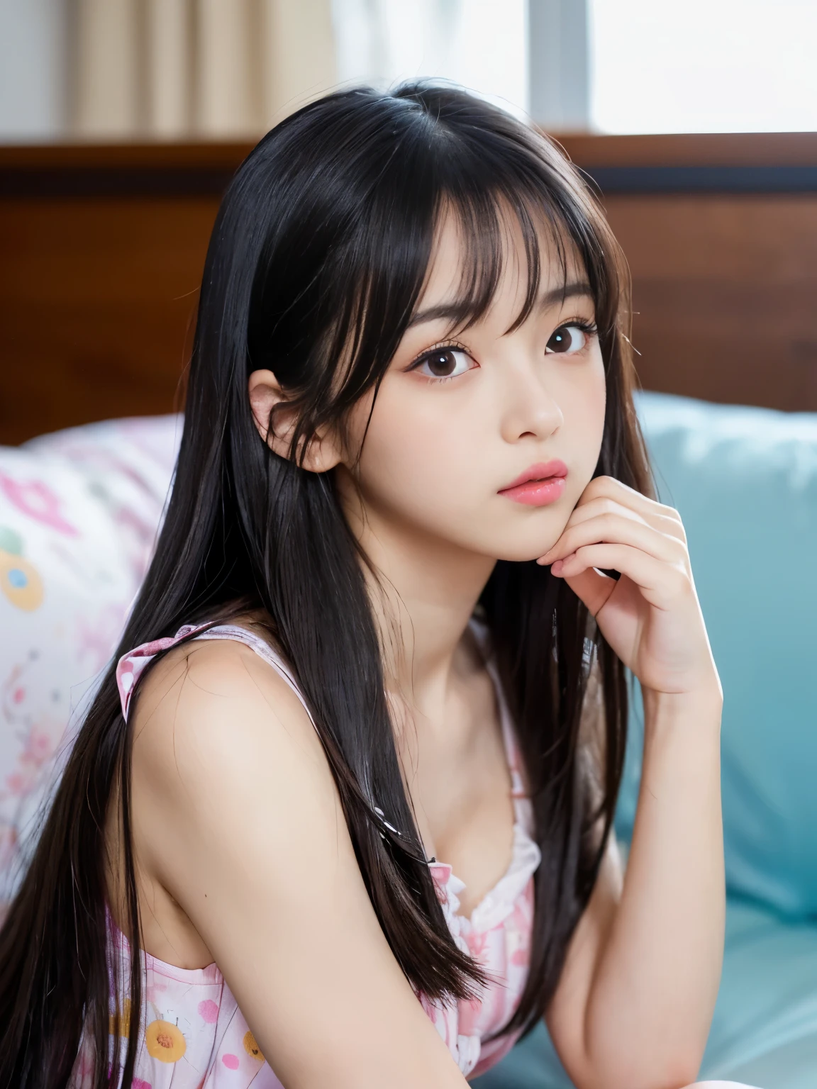 masterpiece, highest quality, One girl, (a beauty girl, Delicate girl:1.3), (12 years old:1.3), extremely fine-grained clarity, (symmetrical eyes:1.3), (lying in bed, sleeping face down:1.5), (full nude, serafuku:1.3), small breasts, brown eyes, parted bangs, brown hair, girl, (Eye and face details:1.0), (get closer to the face, zoom in on the face, face focus:1.1), (perfectly trimmed fingers, stretch your legs)