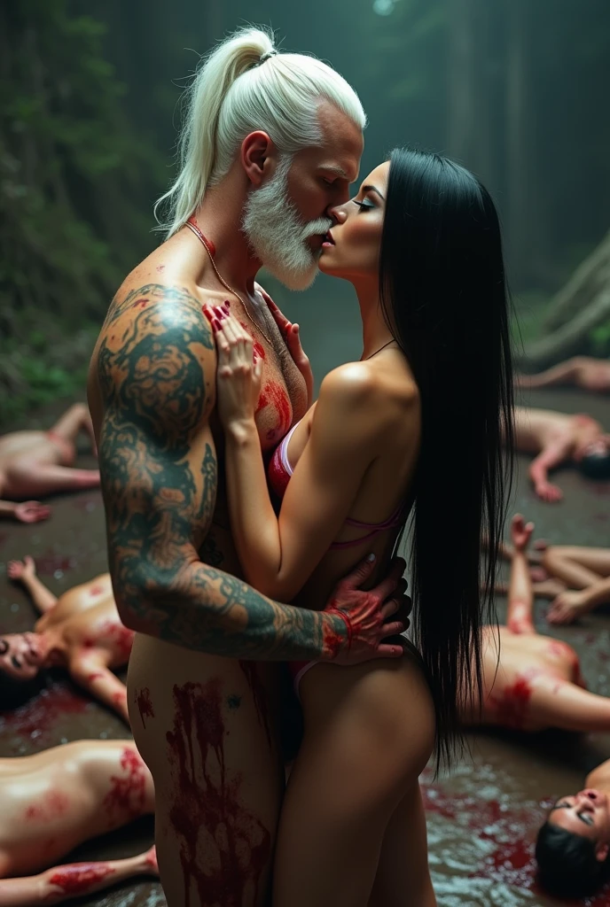 American young girl, wearing lingerie, very old man wearing underwear has red eyes, in cave of blood, doing ritual