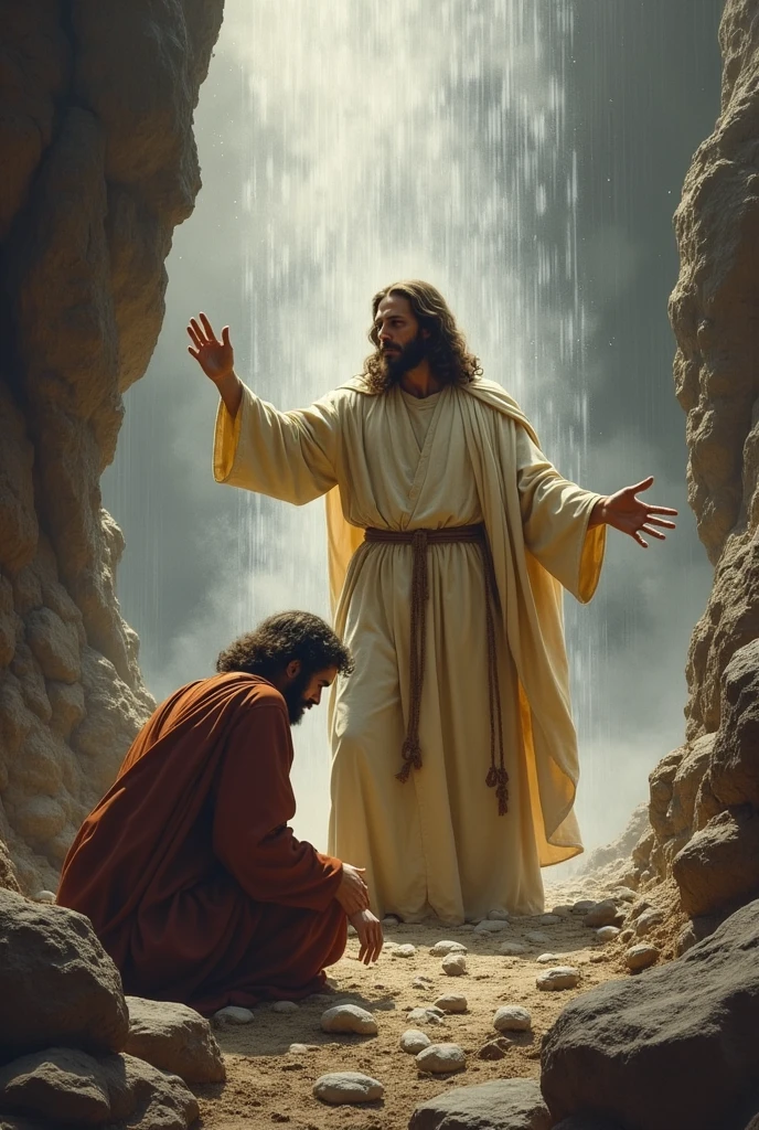 An illustration of John the Baptist baptizing Jesus, with a dramatic sky in the background. Figures must be expressive, evoking the importance of this moment. Vibrant, contrasting colors to heighten the emotion of the scene.