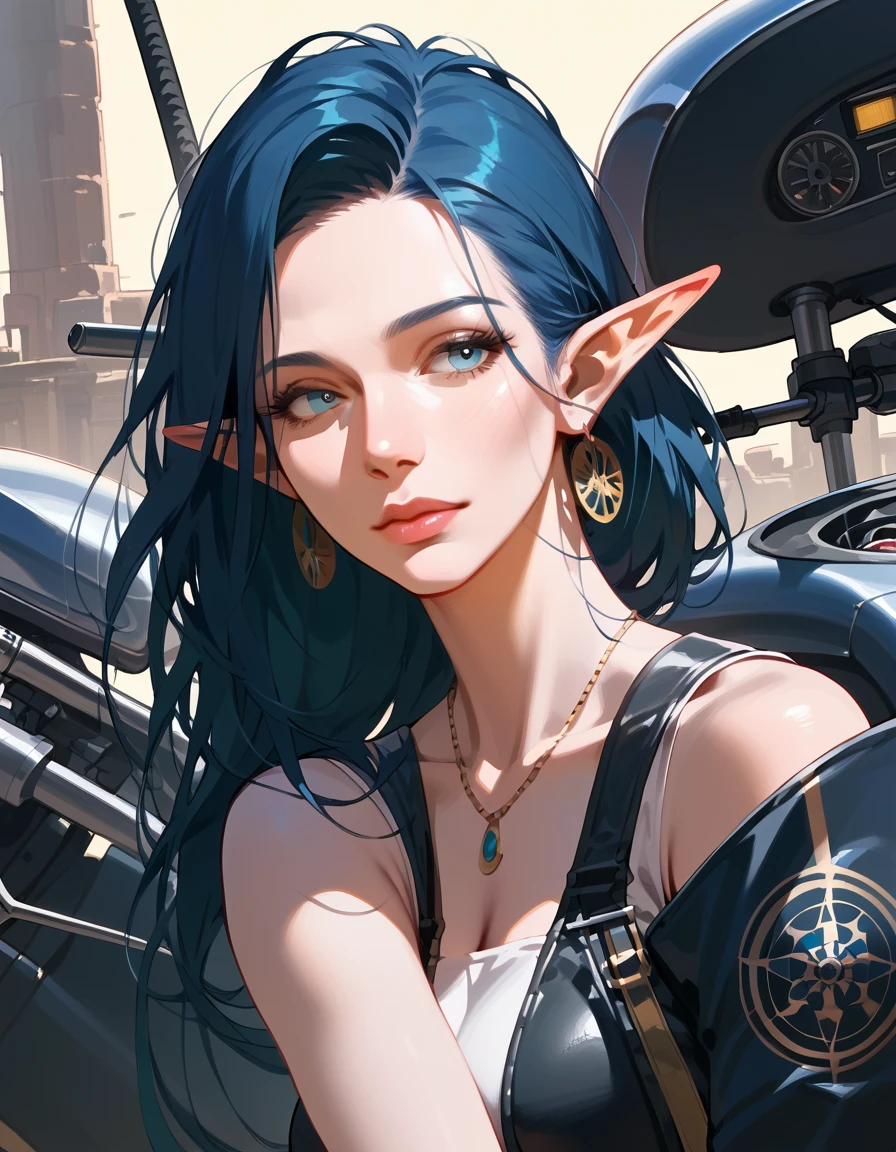 score_9, score_8_up, score_7_up, score_6_up, score_5_up, score_4_up, (masterpiece, best quality:1.2), highly detailed, illustration, mature woman, elf ears, bright blue hair, skinny body, motorcycle pilot