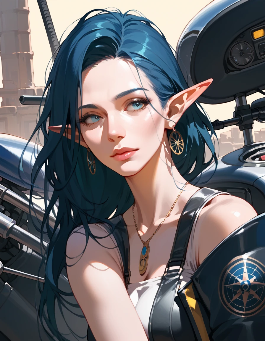 score_9, score_8_up, score_7_up, score_6_up, score_5_up, score_4_up, (masterpiece, best quality:1.2), highly detailed, illustration, mature woman, elf ears, bright blue hair, skinny body, motorcycle pilot