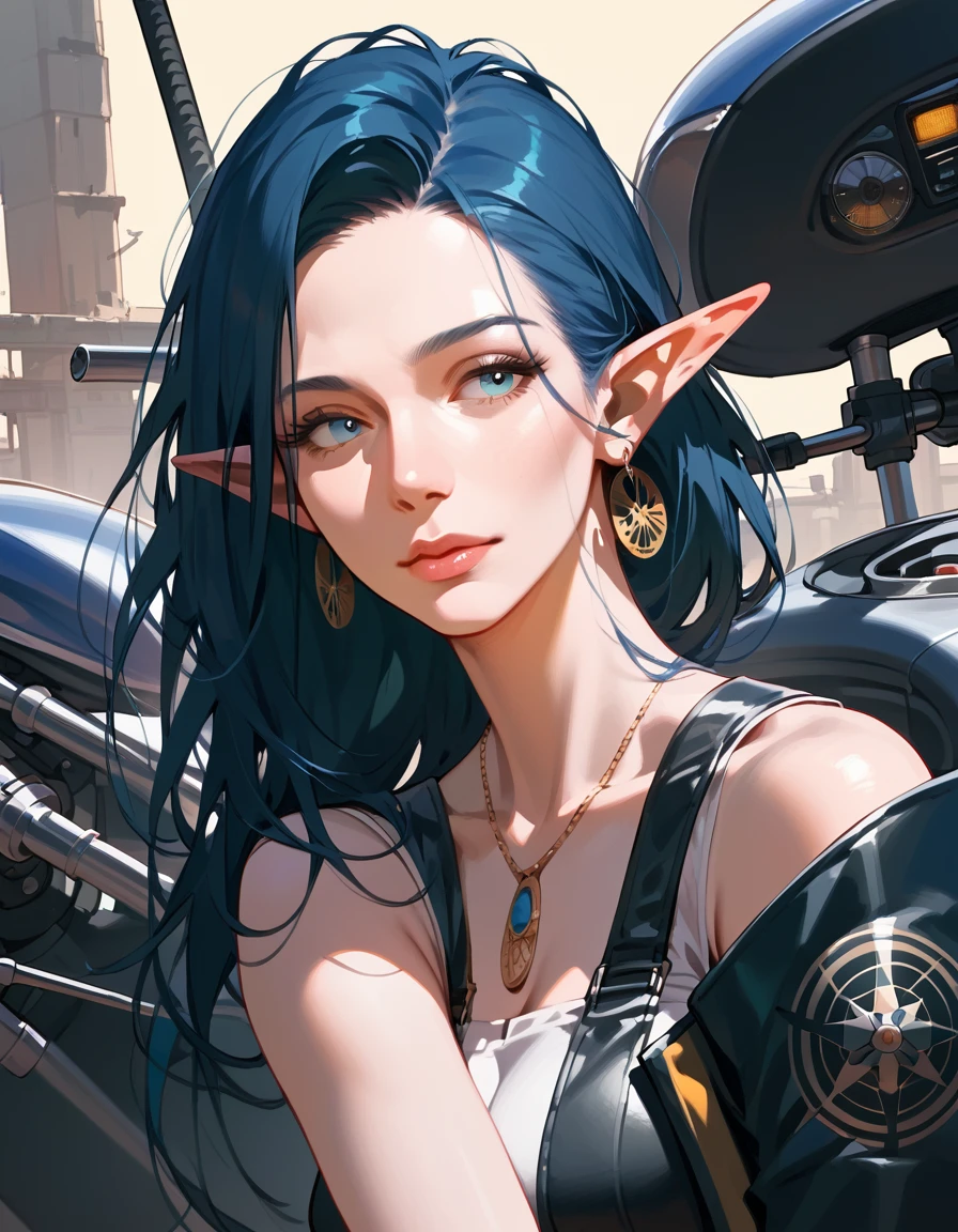 score_9, score_8_up, score_7_up, score_6_up, score_5_up, score_4_up, (masterpiece, best quality:1.2), highly detailed, illustration, mature woman, elf ears, bright blue hair, skinny body, motorcycle pilot