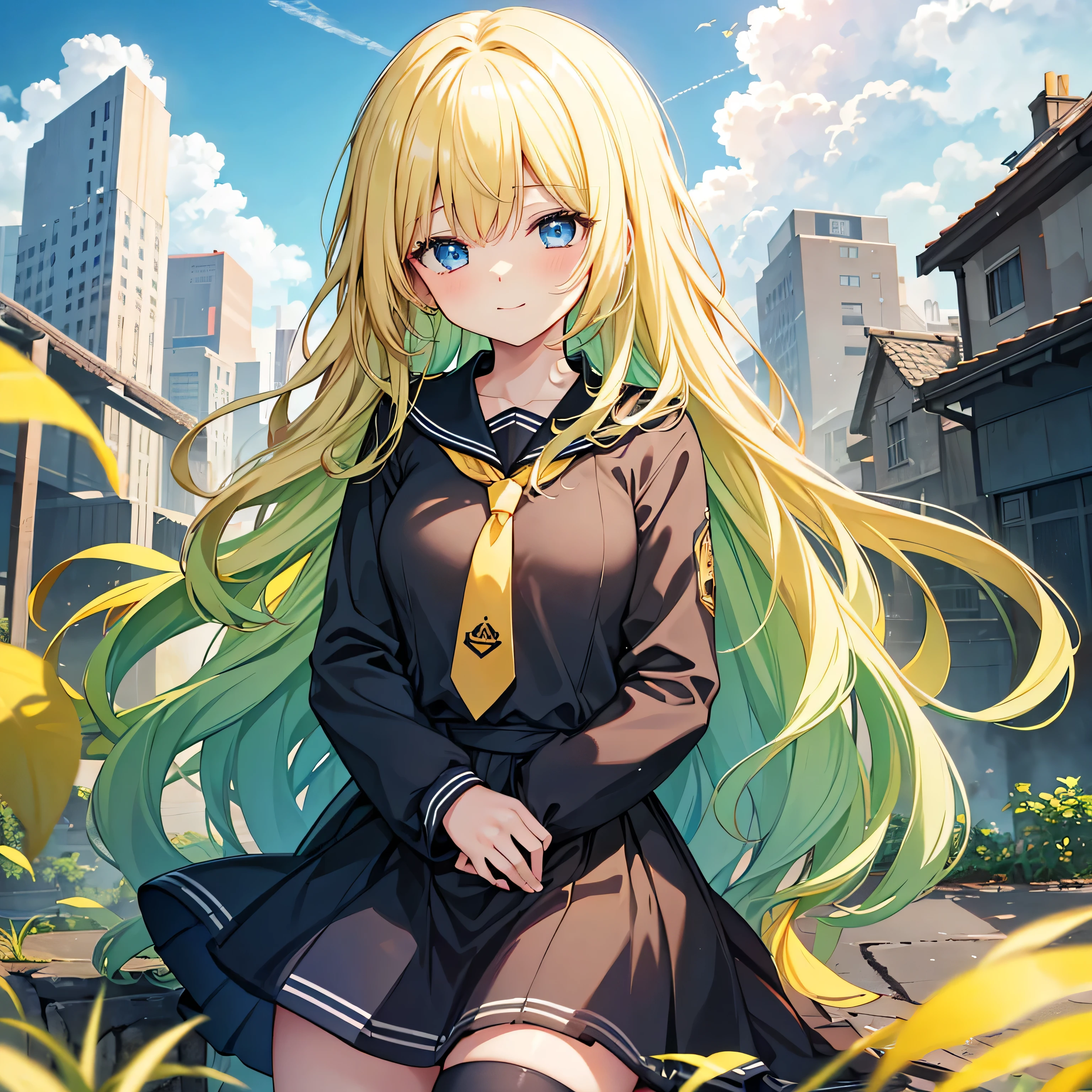 Woman gazing diagonally upwards, {{{Soft smile}}}, Black Sailor Suit, Long skirt, {{{{{Bright yellow long wavy hair}}}}}, Best Quality,Best image quality,Perfect Anatomy,masterpiece,Very detailedな,beautiful,super high quality, Best Quality,High resolution, Very detailed,Game CG,Dutch Angle ,Beautiful attention to detail,Visual Arts,Five fingers, Perfect hands,Hide your hands, {{{One Girl}}}, Beautiful detailed girls, Game CG, masterpieceアニメ，Best Quality, Very detailedな顔，Power Pro, Sugami Hisashi, {{{One Girl}}}, Blue Eyes, Female Manager, School grounds, Yellow tie, Sleepy smile, Knee-high portrait, Three-dimensional background, Multiple clouds,