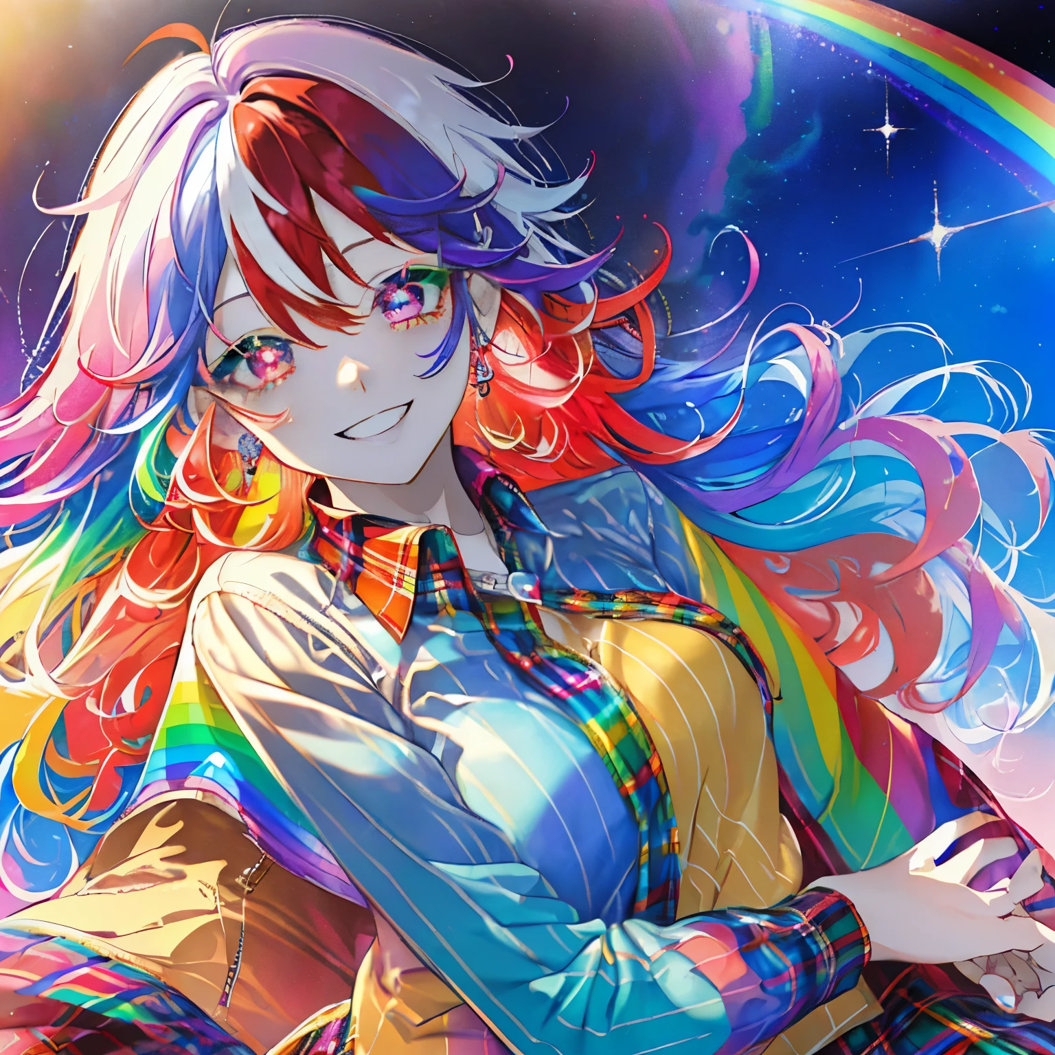 ((Colorful rainbow hair)),((Short hair)),((curls)),((A bright smile)),((Colorful eyes)),((Plaid long sleeve top),((Slight red tide)),,((Her eyes sparkle。 