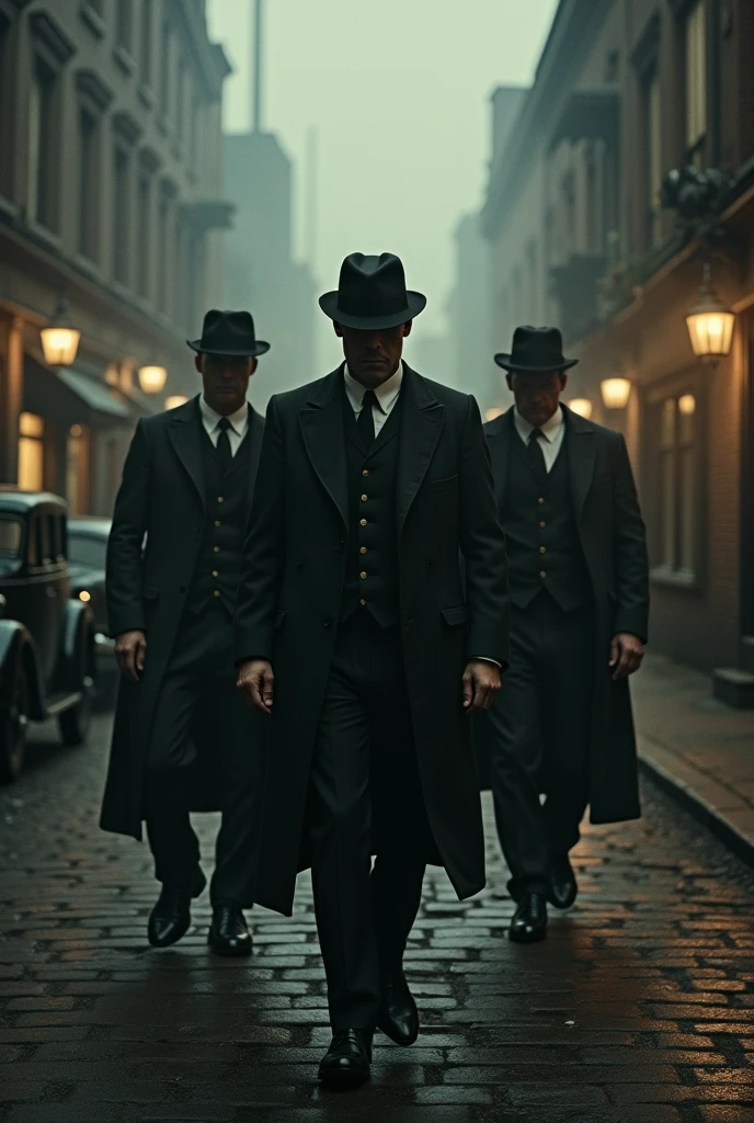 There are five men in suits and hats standing in a row, Turma de Peaky Blinders, mafia, Persianas Peaky, Road to Stillframe Doom, Figurinos de Peaky Blinders, Path to Doom, Persianas Peaky (2018), , mafioso, tiro matinal, mafia background hyper detailed, tiro largo, realismo, extremamente detalhado, luz cinematica, ambiente sombrio, disparando armas de fogo.