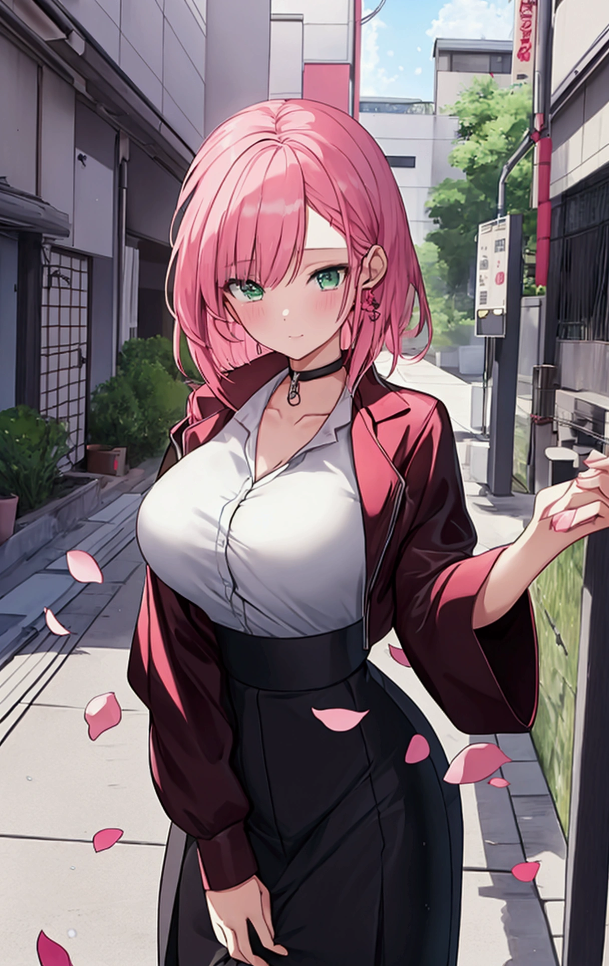 (1girl:1.3), Masterpiece, Best quality, amazing beauty, [[3D]], 4K, absurdres, finely detail, super detailed eye, perfect anatomy, official art, cinematic lighting, BREAK, foret, banboo, midnight, hair bun, pink hair, super shiny detailed green eyes, big eyes, cute eyes, thin eyebrow, Staring, open-mouth, thin lips, smile, mascara, rouge, Eyeliner, pink lips, shy, BREAK , huge breasts, tall, slim, pale skin, porcelain skin, cross arms in front, from behind, BREAK ,（kimono:1.3）