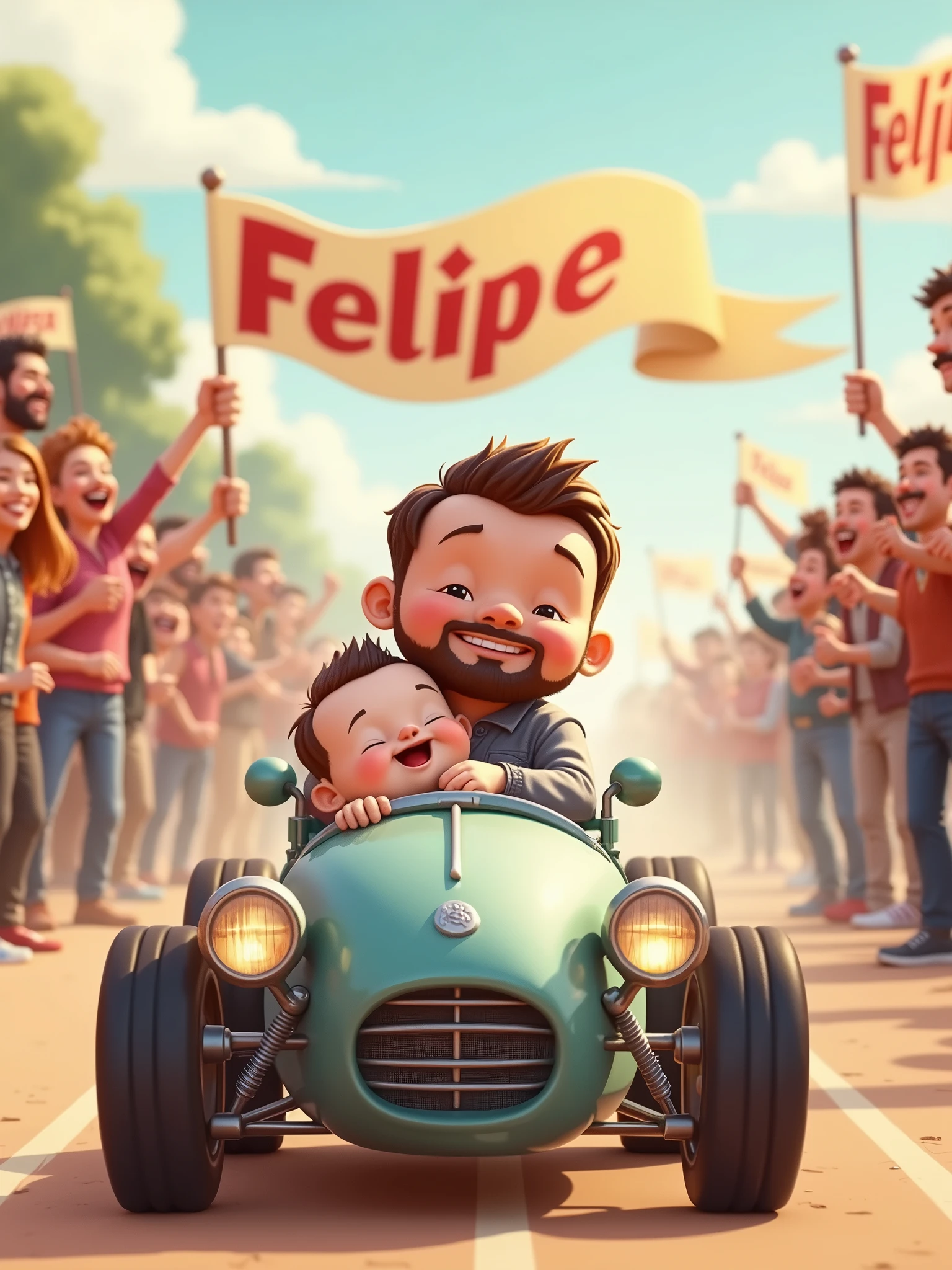 A cartoon picture of a man and a boy in a car - SeaArt AI