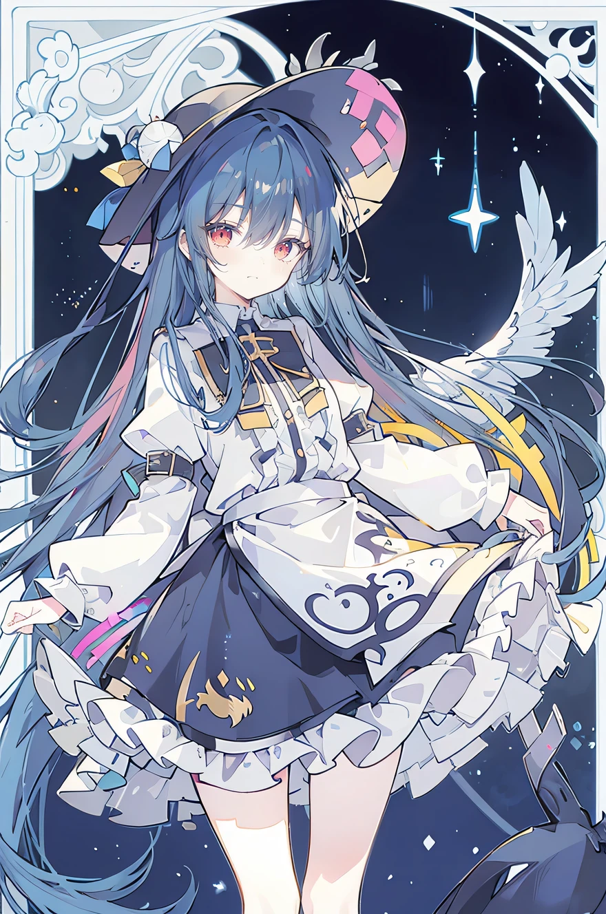 oung Girls,Humanity,A magician always smiles,big witch hat,cute,dark blue long hair,The eyes are dull,The bangs are heavy,Thin eyebrows,fantasy,intake,Double teeth,Star Theme,Constellation pattern,Solid color clothetal decoration,cloak,A bit of a dark atmosphere,A little crazy smile,When the big moon shines outside at night,blood,Hair black star embellishment,Short tie,No nails,High waist skirt,Bell sleeves,Long-sleeved shirt,Black tie,low risk,gentlemen。crap、Yellow and white effect,Shocking pink as an accent color,Night, Meniscus, two hands, two feet,Close-up of upper body。