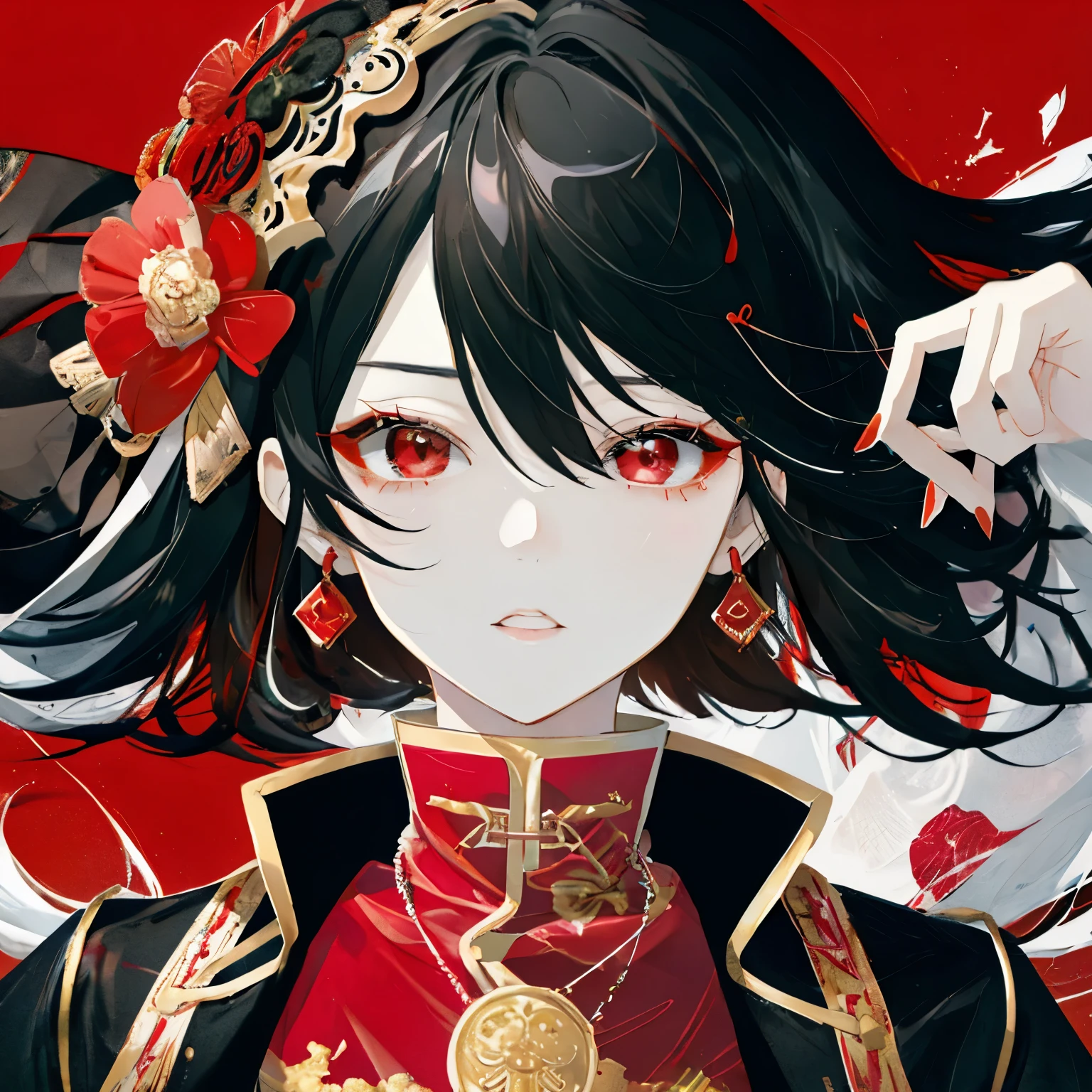 masterpiece、One Girl、Black Hair、Fashionable clothes、Bright red background、Wear sunglasses
