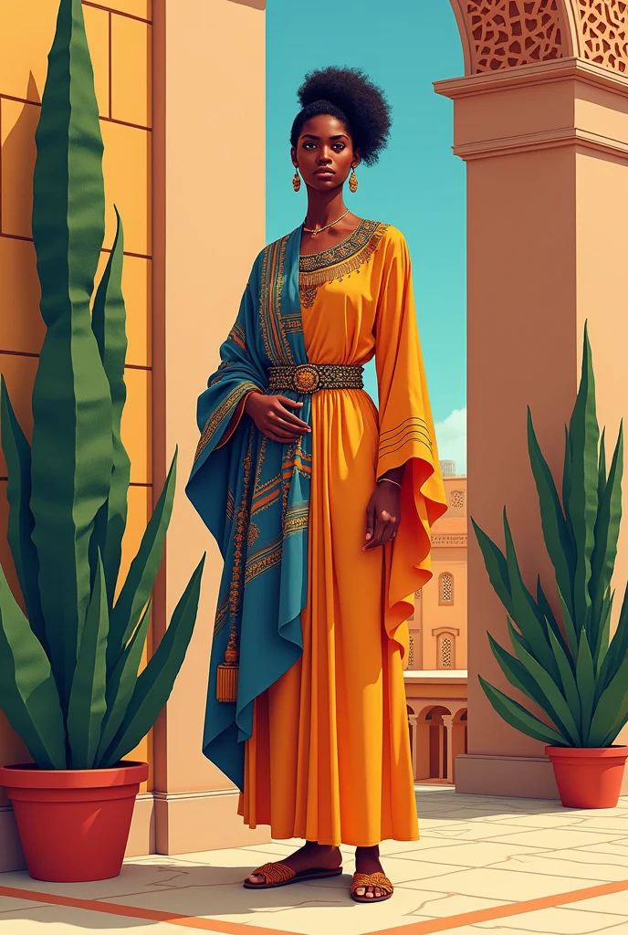 Olama Is a beautiful blind queen, she is putting on a blue dress with beads on her head and her waist representing her royalty she is dark and has a stunning smile . The picture should be African folks tale
arduous, filled with whispers of doubt and curiosity. The people who saw Olama pass wondered how a blind maiden could possibly lead them. But Olama walked with the certainty of someone who had already seen her destiny unfold in her mind's eye. Generate image with this my description As they entered the grand palace, Olama could feel the weight of centuries pressing down on her. The palace was a labyrinth of echoing halls and towering.an African palace and keep her face consistent like the previous images with a beautiful background