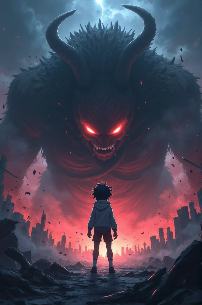 Anime girl with short black hair at the age of 18 wearing boy-like clothes stopped. On the sidewalk in the evening, there is a huge, scary monster in front of her, and she raises her bangs with a headband and prepares to fight.