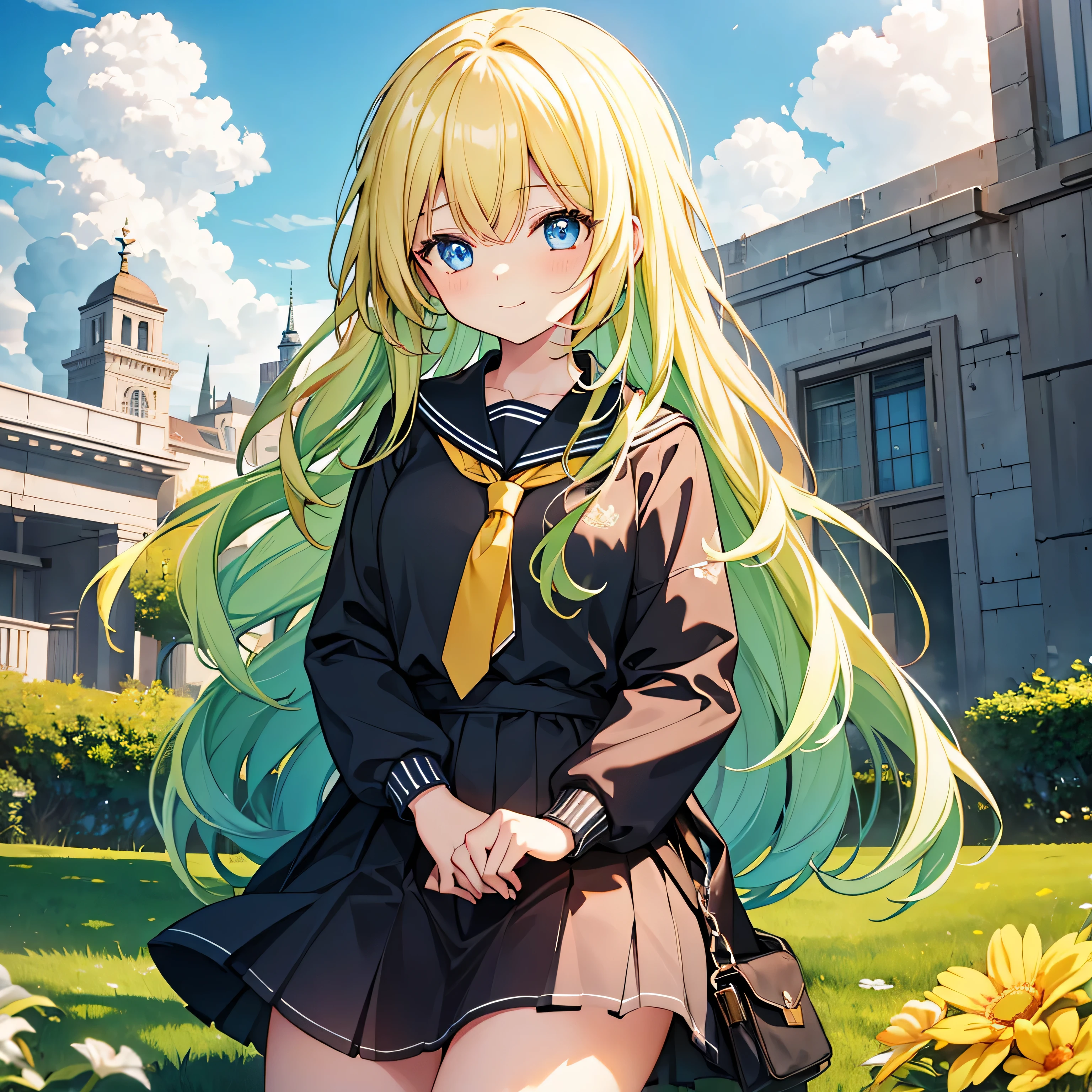 Woman gazing diagonally upwards, {{{Soft smile}}}, Black Sailor Suit, Long skirt, {{{{{Bright yellow long wavy hair}}}}}, Best Quality,Best image quality,Perfect Anatomy,masterpiece,Very detailedな,beautiful,super high quality, Best Quality,High resolution, Very detailed,Game CG,Dutch Angle ,Beautiful attention to detail,Visual Arts,Five fingers, Perfect hands,Hide your hands, {{{One Girl}}}, Beautiful detailed girls, Game CG, masterpieceアニメ，Best Quality, Very detailedな顔，Power Pro, Sugami Hisashi, {{{One Girl}}}, Blue Eyes, Female Manager, School grounds, Yellow tie, Sleepy smile, Knee-high portrait, Three-dimensional background, Multiple clouds,