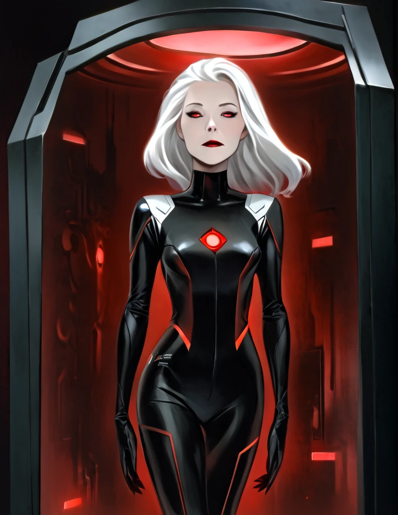 Pale Middle aged white haired Woman wearing a black sci-fi body suit. She has a calm dead pan expression. She is laying inside a geometric scifi cofgin that glows red. The room is very dark with tye only light coming from her coffin.