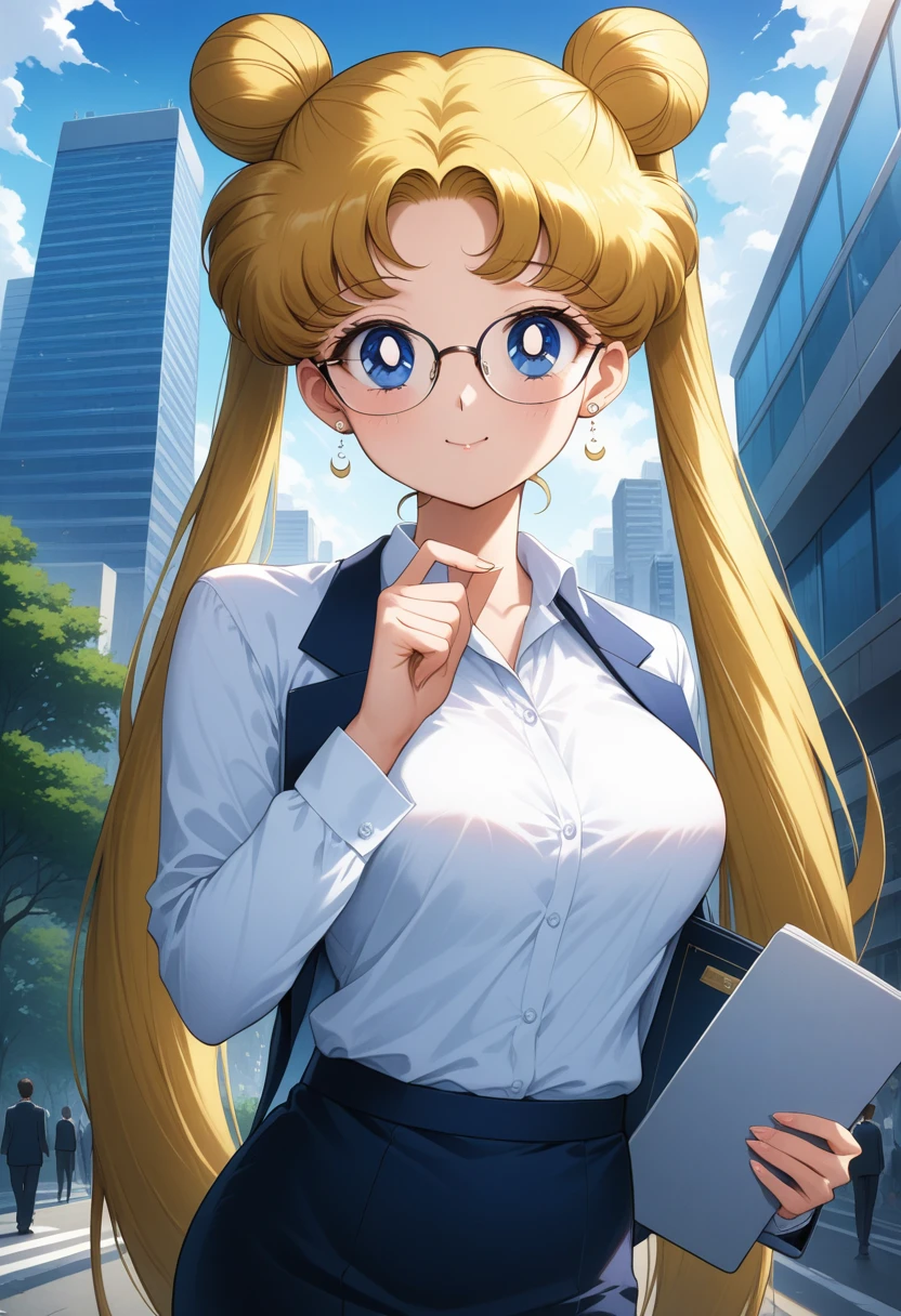 (masterpiece, best quality, very aesthetic, ultra detailed), intricate details, 4k, aausagi, long hair, double bun, twintails, parted bangs, earrings, blue eyes, Business Professional Attire, business woman, business suit, skirt style suit, white shirt, glasses, touching glasses, holding file, looking at viewer, closed mouth, smile, urban, outdoors, building, business district