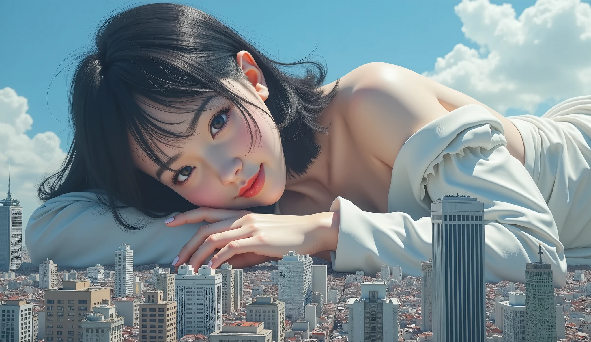 (RAW Photos, 最high quality), (Realistic, photoRealistic: 1.2), (Round face: 1), 1 girl, Outdoor selfie, (Skin with attention to detail: 1.2), (Puffy eyes), (Lying Silkworm), smile, clavicle,, Straight brown black hair, Pure black pleated skirt, Soft lighting, high quality, Cityscape, Skyline, Professional Lighting, Photon Mapping, Radio City, Physically Based Rendering,