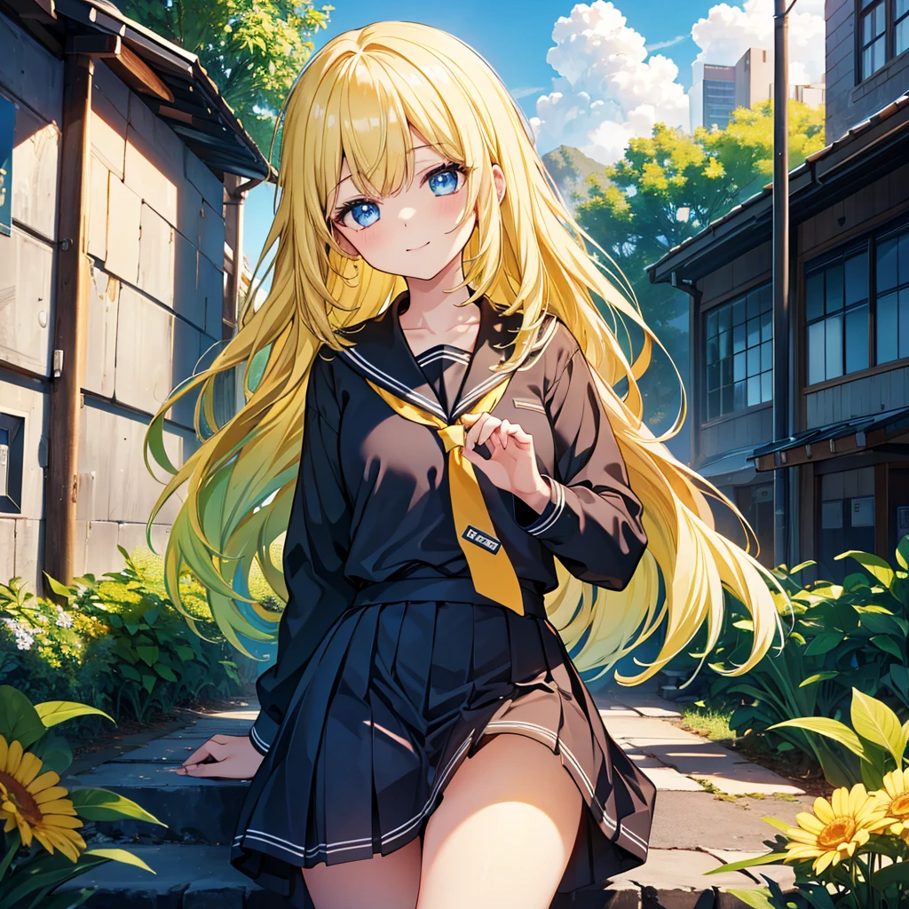 Woman gazing diagonally upwards, {{{Soft smile}}}, Black Sailor Suit, Long skirt, {{{{{Bright yellow long wavy hair}}}}}, Best Quality,Best image quality,Perfect Anatomy,masterpiece,Very detailedな,beautiful,super high quality, Best Quality,High resolution, Very detailed,Game CG,Dutch Angle ,Beautiful attention to detail,Visual Arts,Five fingers, Perfect hands,Hide your hands, {{{One Girl}}}, Beautiful detailed girls, Game CG, masterpieceアニメ，Best Quality, Very detailedな顔，Power Pro, Sugami Hisashi, {{{One Girl}}}, Blue Eyes, Female Manager, School grounds, Yellow tie, Sleepy smile, Knee-high portrait, Three-dimensional background, Multiple clouds,