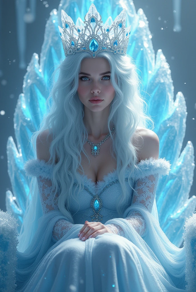 Arafed a picture of a an ice goddess sitting on her frozen throne, wearing white and blue royal dress, glamorous dress, dynamic hair, bold intense eyes, extremely exquisite beautiful queen, perfect body, (anatomically correct: 1.3), ultra feminine, ultra detailed face, dark blue lips, azure glowing eyes, she sits on a (throne made from ice: 1.3) of regality, and might, throne carved from ice , legendary symmetric design, with (many carvings in the ice: 1.3), dynamic caevings on the handles decorated with (diamonds: 1.1), and (blue gems: 1.1), fantasy ice goddess hall room background, (masterpiece: 1.4) intense details, highly detailed, photorealistic, best quality, highres,16k, (ultra detailed:1.3(, masterpiece, best quality, (extremely detailed), close up, ultra wide shot, photorealistic, RAW, fantasy art, dnd art, fantasy art, realistic art,((best quality)), ((masterpiece)), (detailed: 1.5), ral-ntrgmstn, faize