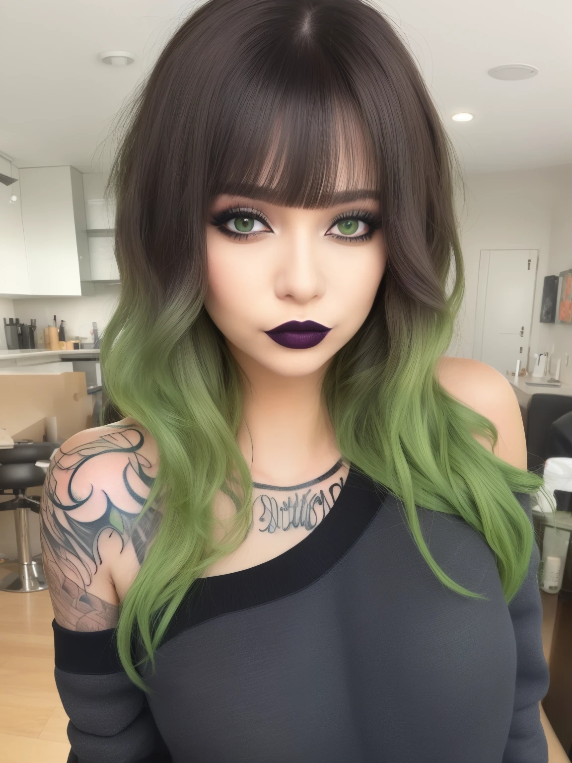 masterpiece, adult, indoors, woman with green to black ombre hair, lipstick, tattoos, bangs, messy hair, eye shadow, smoky eyes, smokey eyes, sweatshirt, off the shoulder, very long hair