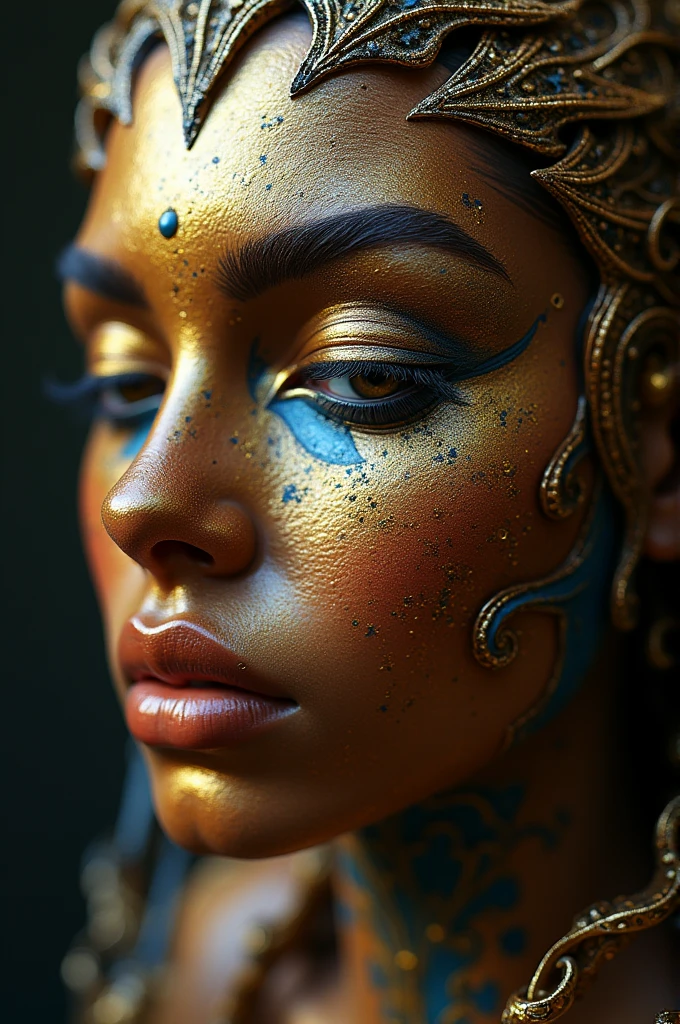 Hyper-realistic 8K image of a 21-year-old Nubian female from an unknown civilization who do not wear conventional outfit. SI Swimsuit Body Paint Issue style. Facial expression ecstatic.Sitting in open leg, An extremely scarce layer of delicate body paint color that matches skin tone resembling a stylish swimsuit. Naturally sagging chest. Body inclined forward, spreading legs, massive glutes. Prominent gluteal cleft, and cleavage. Scarce body paint is adorned with intricate patterns inspired by cosmopolitan art and culture. The focus should be on the beauty of the patterns and the elegance of her posture. Image captures the essence of tranquility and the rich cultural heritage. The composition must be realistic, sharp, detail-oriented, especially the patterns and textures. The image must be ultra-high-resolution, capturing vivid colors .