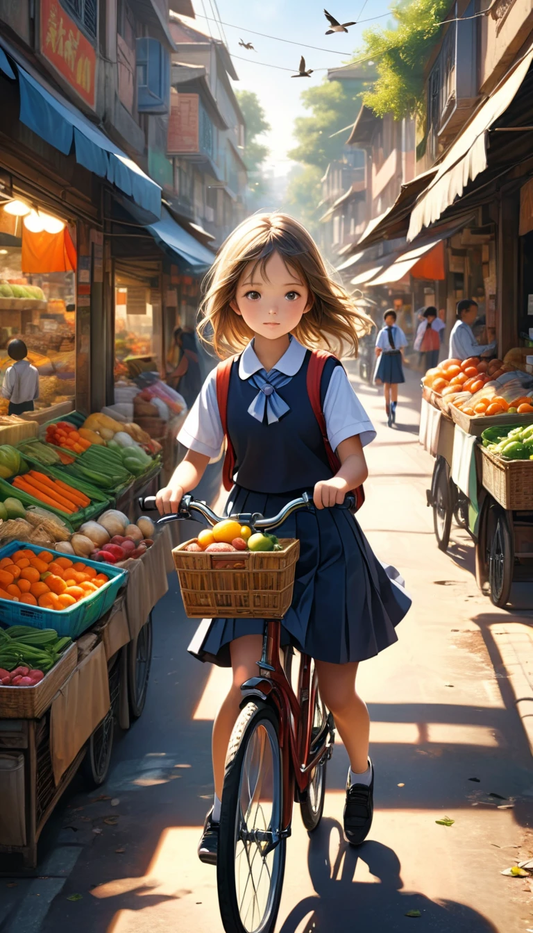 A middle school girl is riding her bicycle home from school, neatly dressed in her uniform, her face bathed in the warm afternoon sun. She passes a local market. The surrounding environment is also clearly visible, conveying the bustling atmosphere of the local market. Birds flying in the distance add to the vibrancy. There is an ultra-realistic quality to the entire photo, with sharp details and graceful depth of field, perfectly capturing the stillness and movement of this moment. This photograph is a masterpiece.