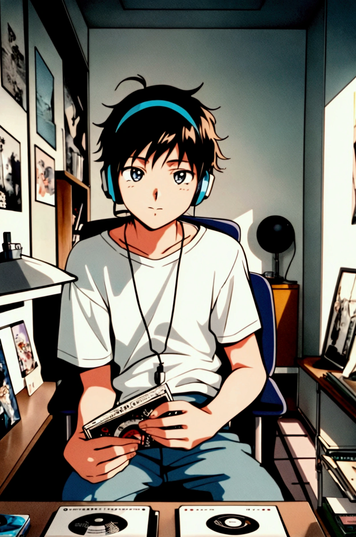 Scene of a young student, with a typical 80&#39;s anime look, sitting in a chair in his room. He wears a retro headset while studying with concentration, with the soft light of a lamp creating a calm lofi atmosphere. No fundo, a shelf with vinyl records and posters of 80s bands on the walls