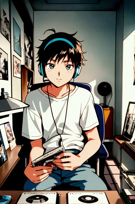 scene of a young student, with a typical 80&#39;s anime look, sitting in a chair in his room. he wears a retro headset while stu...