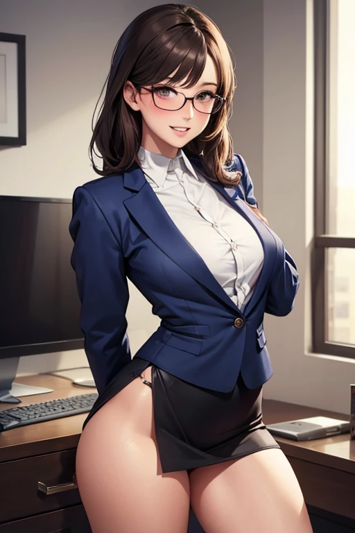 ((Best Quality)), ((masterpiece)), (detailed),nsfw1.9,Buckshot 1.5,Perfect anatomy, Natural Light,2 office lady in modern office,,Cute woman with a blushing face,Woman with long brown hair,Women are perceived as very intelligent,((Best Quality, 8k, masterpiece: 1.3, )),Woman in suit,A well-balanced body is slim，Slim waist body line,Large Breasts,Small Ass,Long, slender legs，Long, thin hands， detailedな顔, detailedな肌, fine grain, detailedな唇, detailedな舌, detailedな指, Mouth detailed, Beautiful teeth alignment,Realistic,  High resolution, Natural Light, Dynamic pose,Toned Legs, Double eyelids, Tear bags, Round eyes, Wearing a white open-collar shirt,Navy blue blazer,Wearing a short, tight navy blue skirt,A woman wearing black-rimmed glasses,(((Blushing and excited expression))),Showing off a beautiful ass 1.9,Woman&#39;s back view,White lace panties,No bra on,Lifting her skirt to show off her panties,Look at my ass,Put your hands on the table and turn your butt towards the viewer,