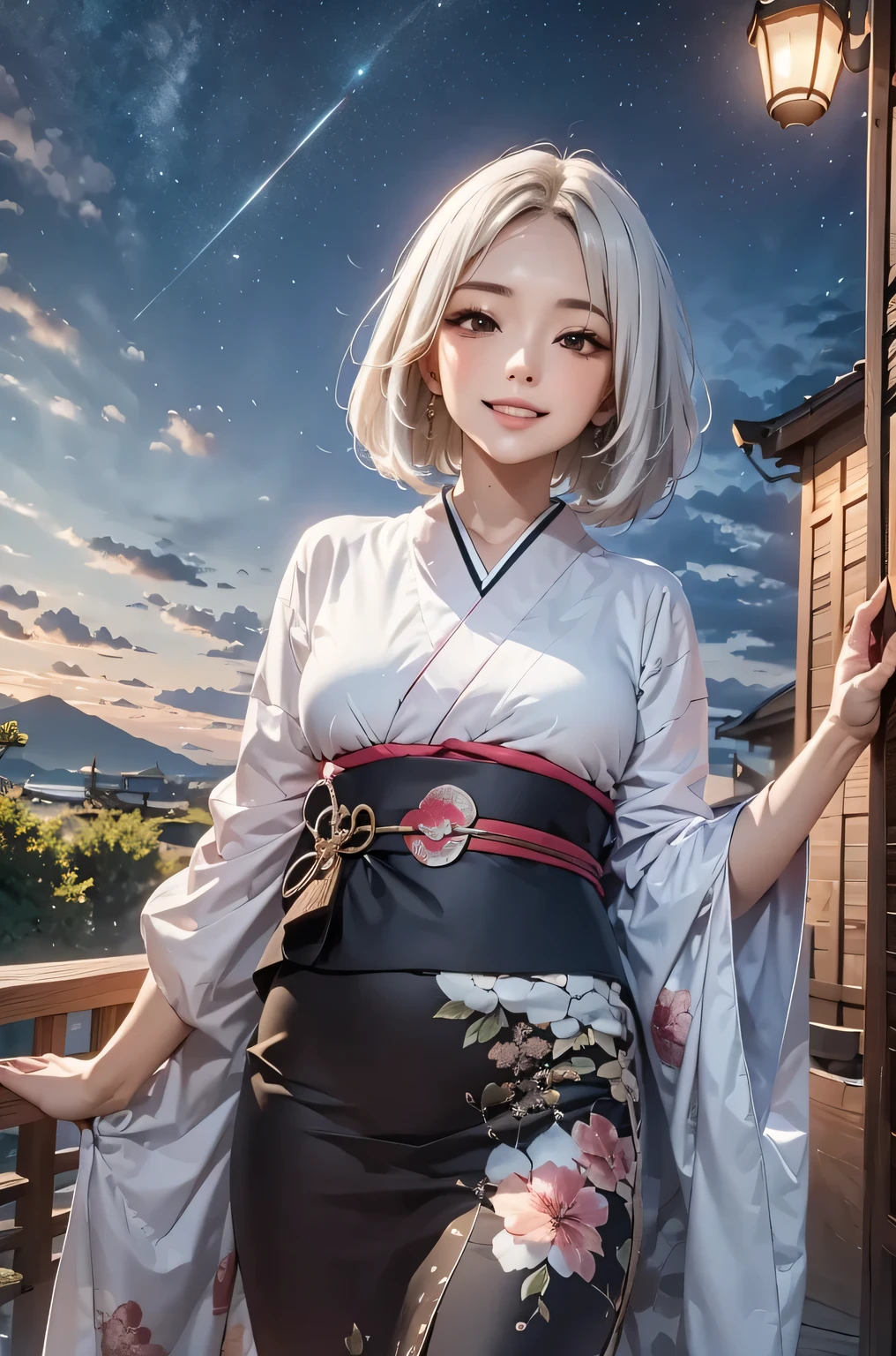 masterpiece, best quality, highly detailed, 1girl, white hair, face: sweet girl, laugh kimono, black kimono, Matte texture clothing. look up at the night sky.
