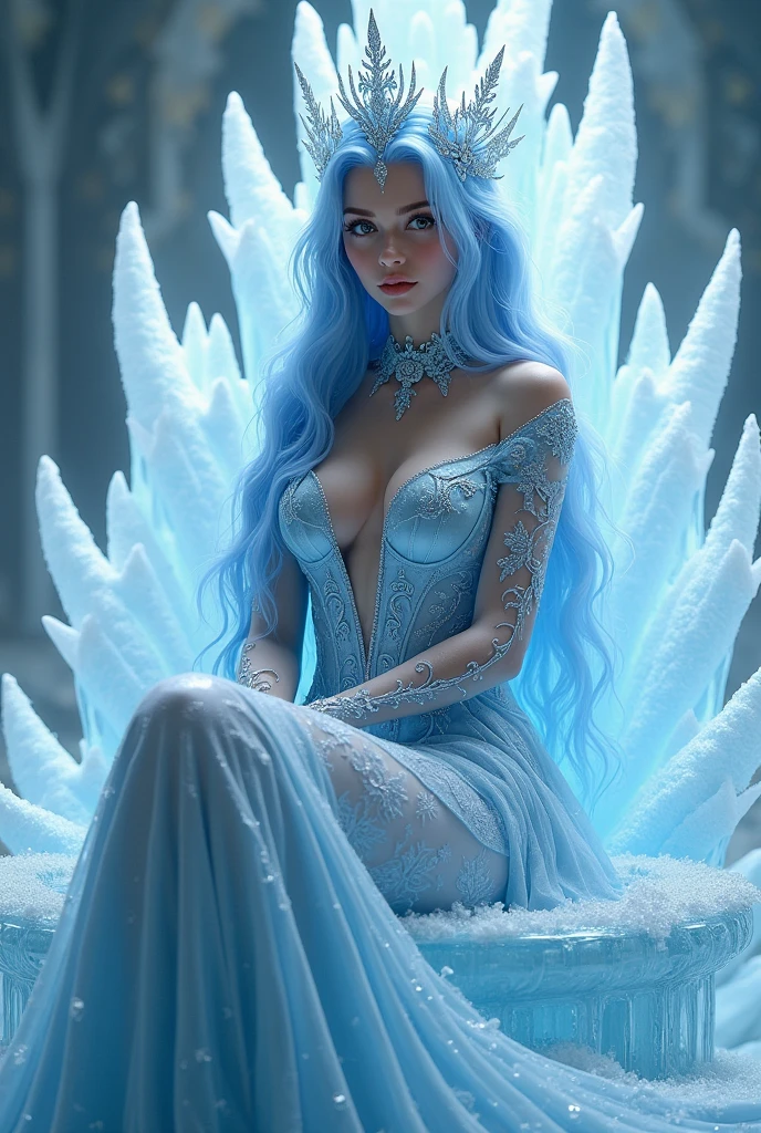 An beautiful, gorgeous, cute ice queen, pale
Skin tone, wearing a blue dress that covers her entire back but only covers till knees from the front, stiing on her throne, light blue hair, long hair till her hips, small breast, perfect figure, pretty, looking at user, kind