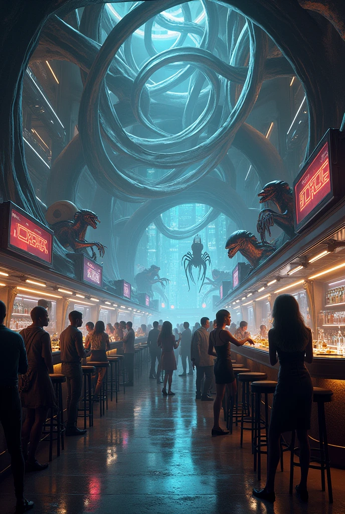 Spaceship internally, cafeteria with several killer aliens, the place is taken over by several aliens, poor lighting in the area