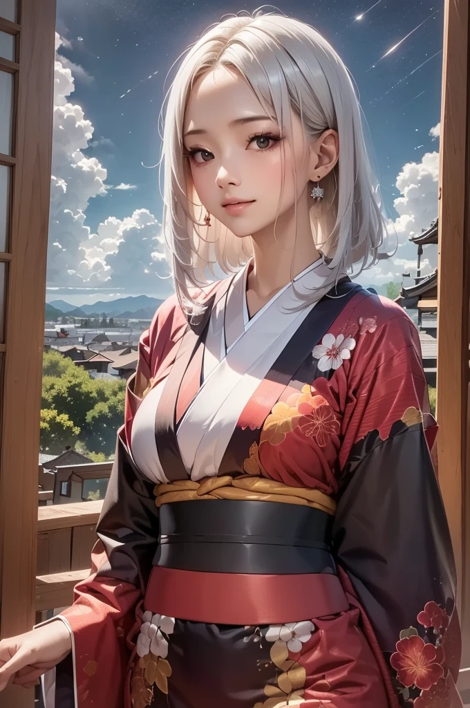 masterpiece, best quality, highly detailed, 1girl, white hair, face: sweet girl, laugh kimono, black kimono, Matte texture clothing. look up at the night sky.
