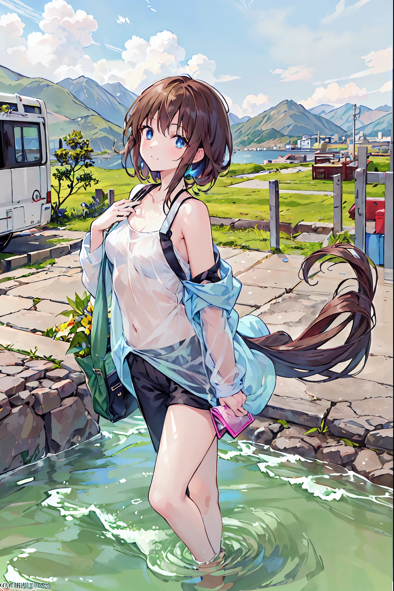 ((kinako (shiratama mochi) style)), nsfw, ((topless)), erect nipples, puffy nipples, masterpiece, fair skinned, solo, 1 girl, nipples, navel, intricately detailed, cloudy day, dolphin shorts, roadside, waiting shed, japanese countryside, cloudy day, navel, necklace, smiling, extremely detailed, bus stop, puddle, sneakers, hydrangea flowers, sitting, raining, bare breasts, bare stomach, sweaty, wet body, small breasts, ponytail, black hair, slim waist, bench, mountainous, cg masterpiece, quiet, village