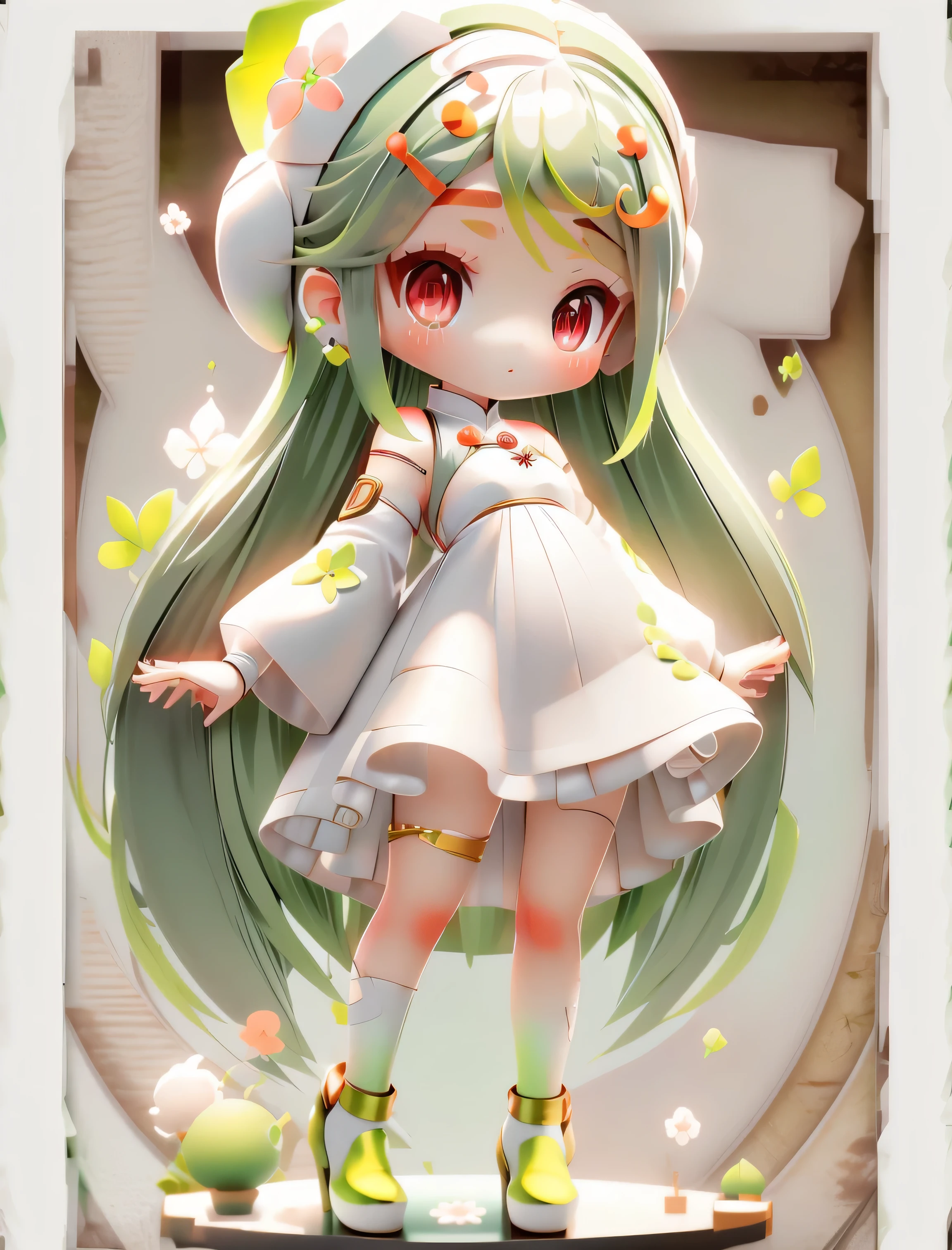 1girl, solo, alone, Chibi, amber, medium pastel mint white, luxury fabrics, dithering, Far-reaching,viewer lucky brown, white ao dai dress, no ears on head, red eyes, lime green hair, straight hair, perfect hands, (((full body))), chibi, deformed, standing on a stand, standing on a base