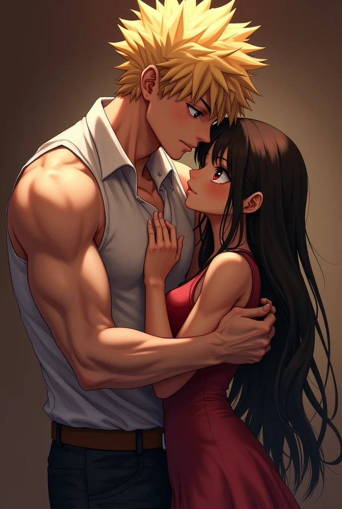 Couple, boy and girl kiss, boy is wearing a tank top with muscles, girl is wearing a tight skirt with a small blouse, big breasts, cleavage, nsfw