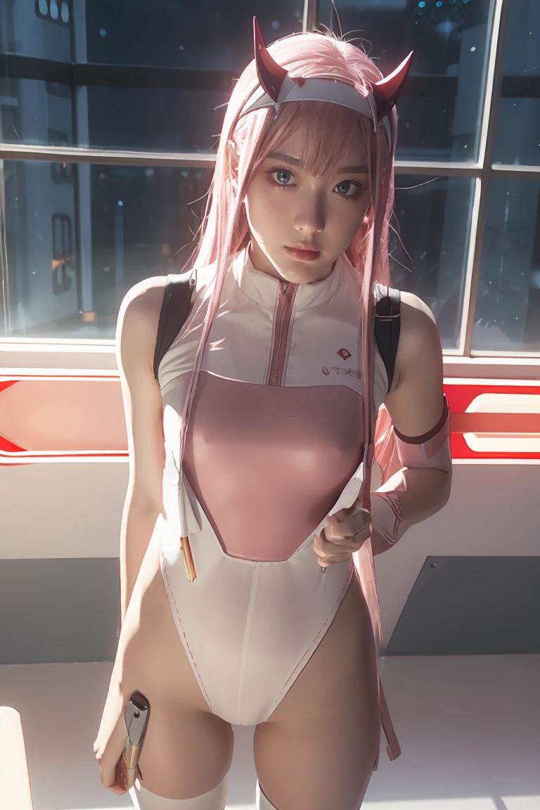 dynamic angle,ultra-detailed, illustration, straight on, 1girl, ((Zero two, interface headband with a pair of horns, red bodysuit:1.4, pink hair)), Her eyes shone like dreamy stars,(glowing eyes:1.233),(beautiful and detailed eyes:1.1),(expressionless, closed mouth),(standing), (mechanic room with tools and spaceship window in a white SPACESHIP), (night:1.2), dreamy, [[delicate fingers and hands:0.55]::0.85],(detail fingers), smirk,