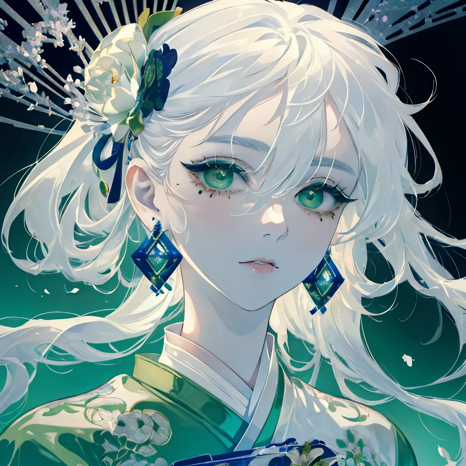 (Best quality,masterpiece:1.2),Ultra-high resolution,Realistically,forward lighting,Intricate details,Exquisite details and textures,(1 Girl),Alone,Upper part of the body,Green Hanfu,Petal pattern,Beautiful big eyes,Green Dress,Beautiful face,For the audience,ribbon,gossamer,(young),Facial highlights,Detail production,Tear mole,White skin,Silver hair,High Ponytail,Looking at the audience,big eyes,(Openwork pattern),Earrings and Nipple Rings,Slim figure,White background,The right hand,Professional lighting,Photon Mapping,Radio City,Physically Based Rendering