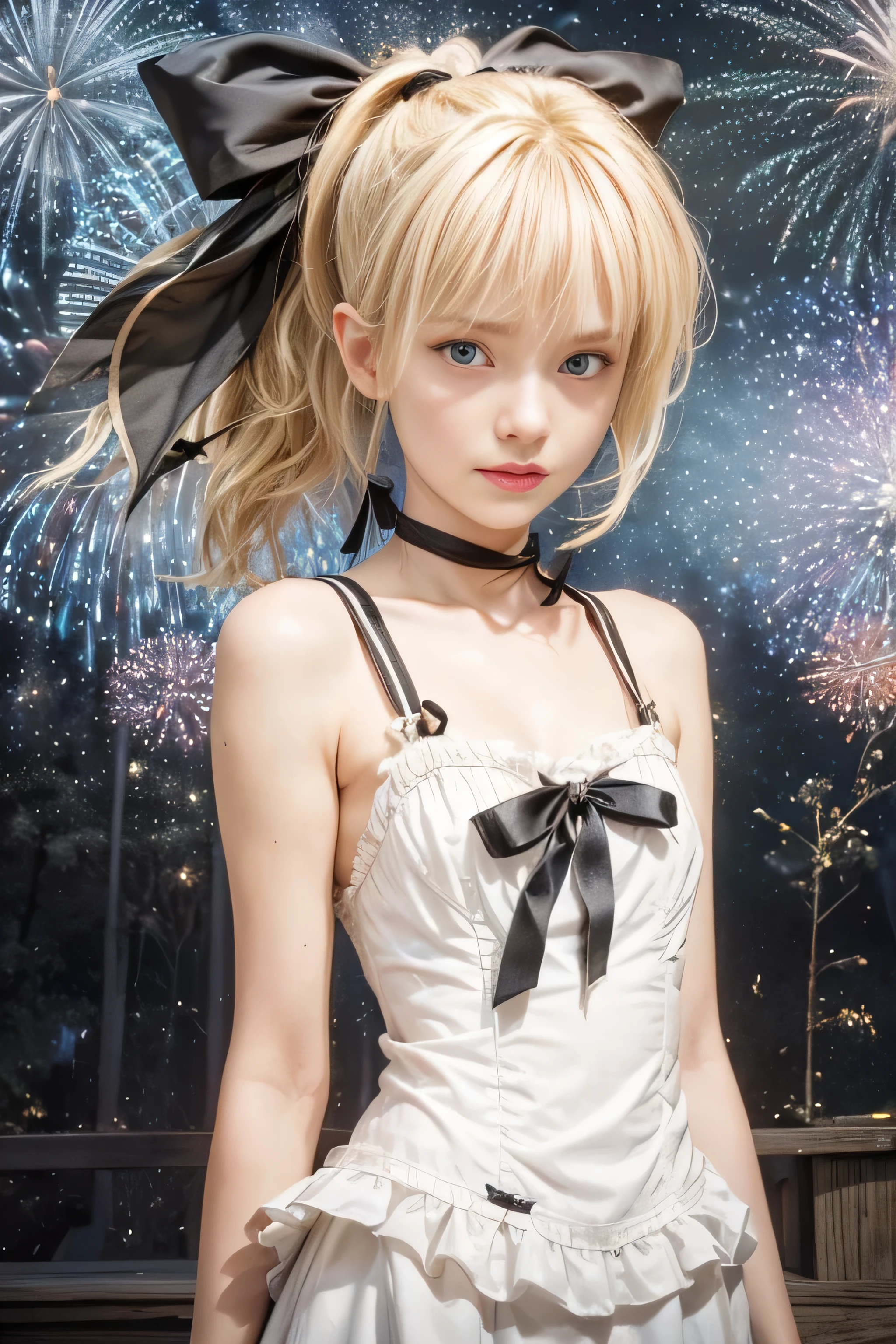 masterpiece, best quality, (realistic,photo-realistic:1.4), (RAW photo:1.2), extremely detailed CG unity 8k wallpaper, delicate and beautiful, amazing, finely detail,official art, absurdres, incredibly absurdres, huge filesize, ultra-detailed, extremely detailed, extremely detailkcaled girl,extremely detailed eyes and face, light on face,little smiles,saber,(short hair:1.3),(blonde hair:1.3),(fireworks background:1.4),nature,small breast,(wearing dress:1.5),(black ribbon:1.4),(ponytail:1.4)