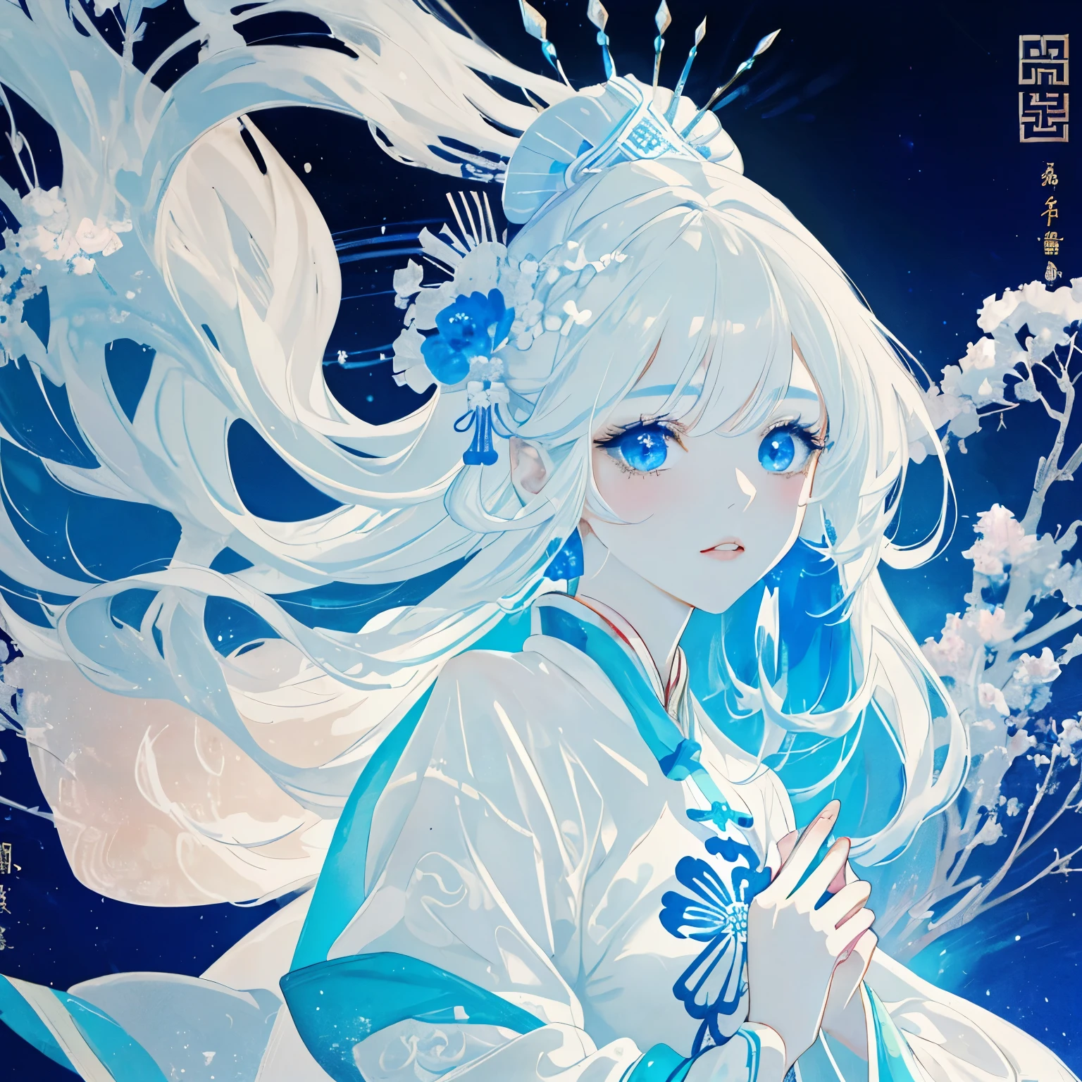 (Beautiful girl dressed in white),Wide sleeves,watery big eyes,Beautiful face and smooth fair skin,s delicate face,cabelos preto e longos,An ancient Chinese beauty,wearing ancient Chinese costume,gossamer,Vivid and bright colors,Vibrant digital illustration,(clean backdrop),Ink painting style,Clean colors,Decisive cut,A white space,unarmed,tmasterpiece, Ultra-delicate,Epic composition,high high quality,HighestQuali,4K
