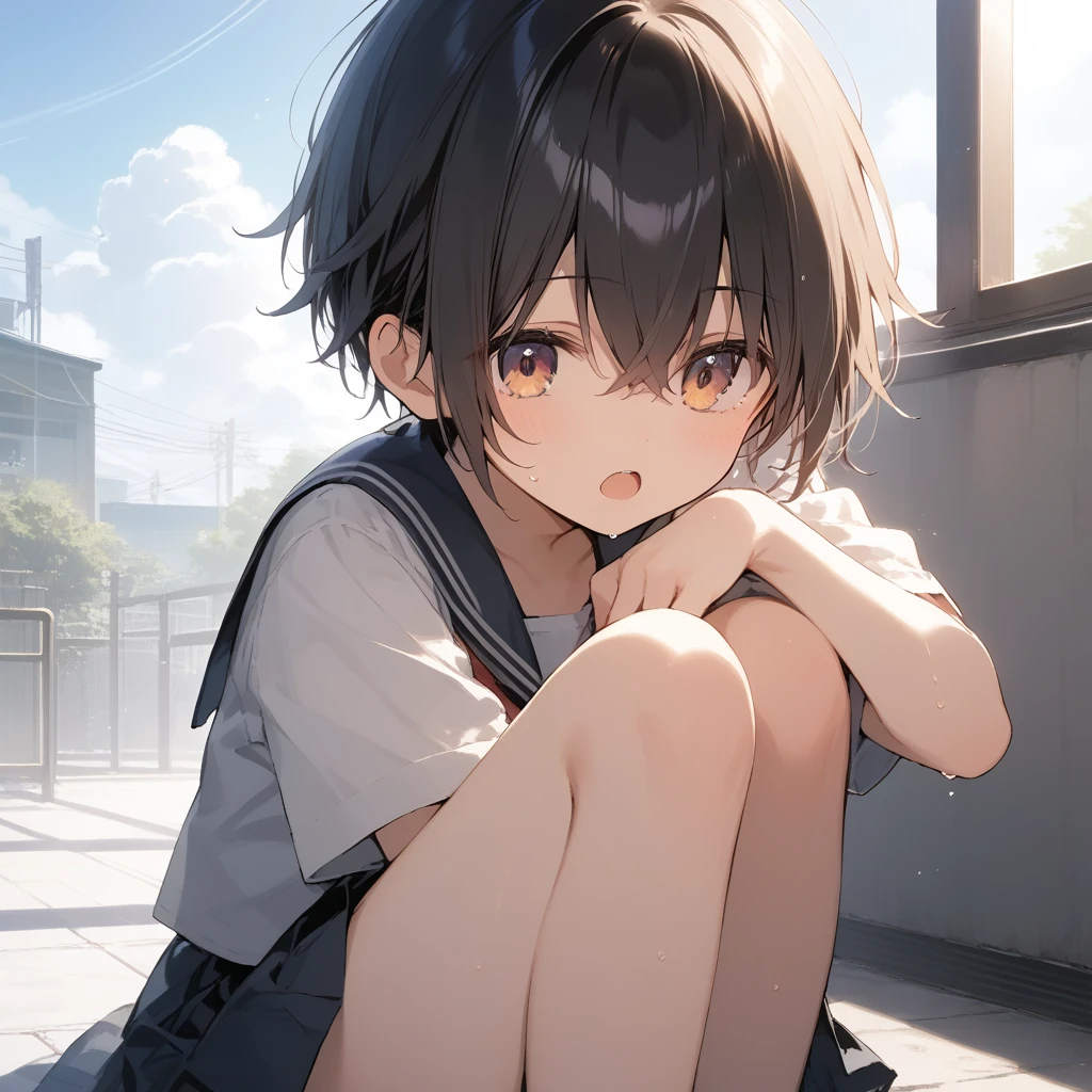 score_9, score_8_up, score_7_up, source_anime, best quality, masterpiece, official art, absurdres, highres, ultra-detailed,waifu2x,Collection: Slice of Life,break,1girl, very short hair,pixie cut, long bangs, glasses, uniform, small breasts, sweat, open mouth, (wavy mouth:0.3), indoors, sit, summer, break,(clear line illustration:1.2),very high resolution, very aesthetic, super detailed skin, Best sexual lighting powered by famous artist, 8k,cute picture,beauty illustration,photoshop_(medium),,(Detailed Lighting),best anime 8k konachan wallpaper, pixiv contest winner,