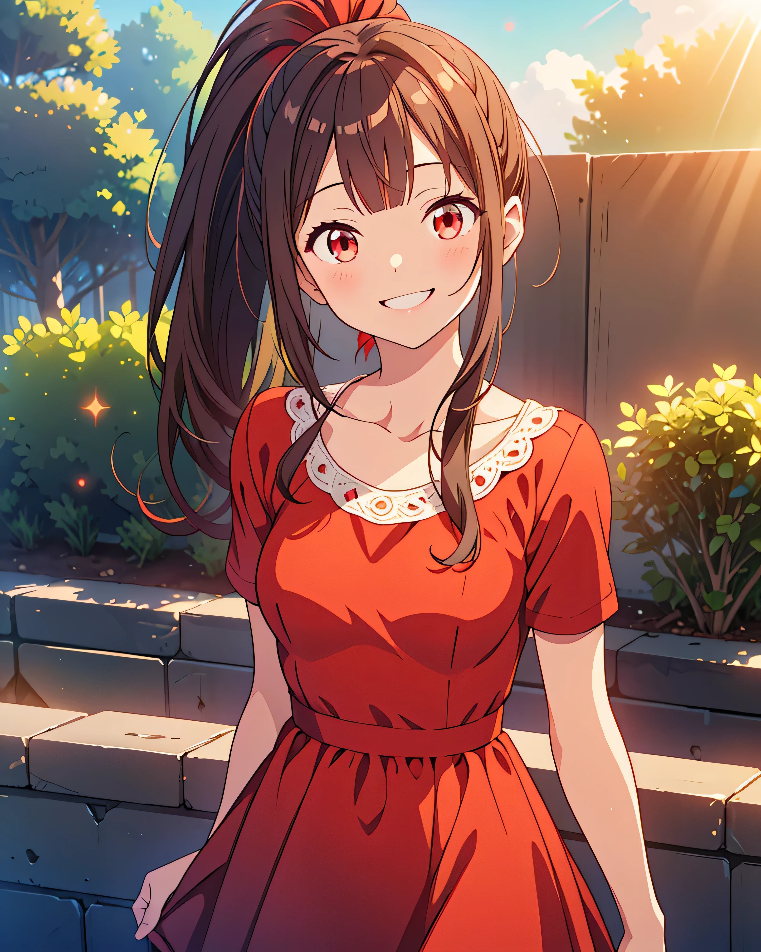 Best Quality, 32K, High resolution, masterpiece:1.5, One beautiful girl, Anime-style illustrations, Rich emotional expression, An exceptionally beautiful face, Perfect Human Anatomy, Big red eyes, ((An innocent smile:1.6)), Shiny cocoa brown hair, ponytail, Asymmetrical bangs, Hair between the eyes, Transparent, soft white skin, Detailed and cute lips, ((Red dress:1.3)), ((Dazzling sunlight:1.2)), Beautifully detailed skies, Mysterious