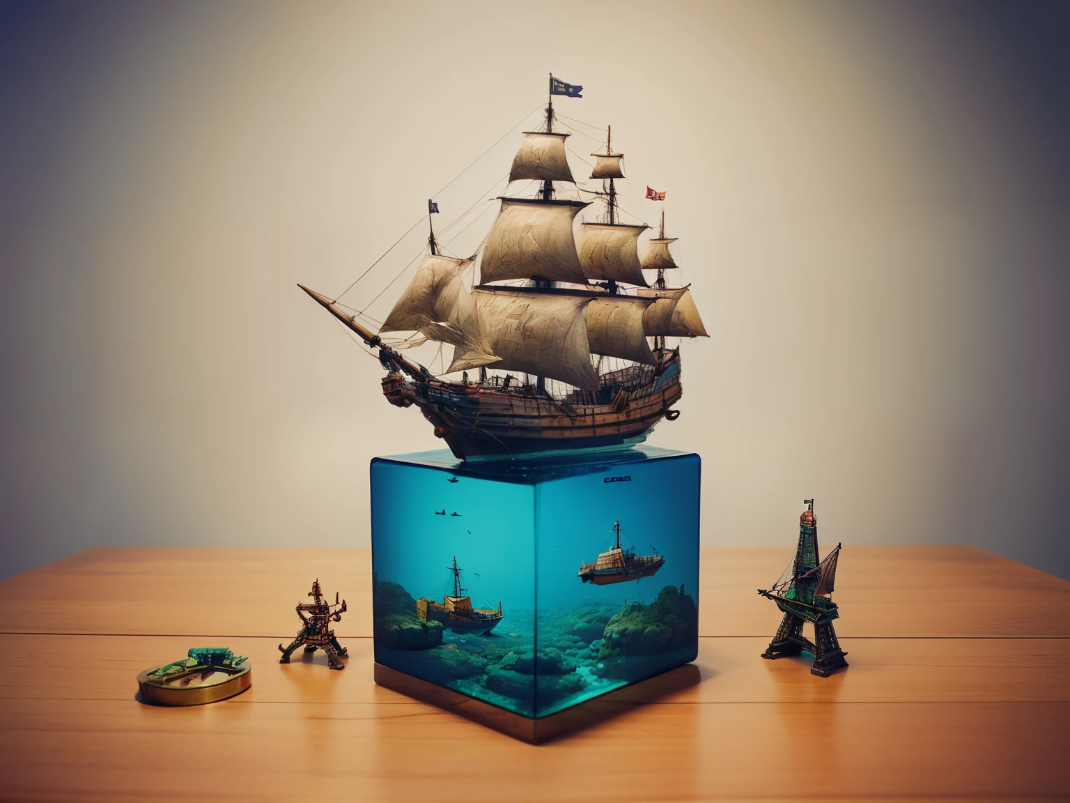 water cube, ocean、Coral Reef、Beautiful fish、treasure、1 Galleon、Smooth sailing、(On the desk in the study)、(Classic)、(Vintage)、Simple Background、Best Quality、High image quality、masterpiece、4K、8k、wallpaper、