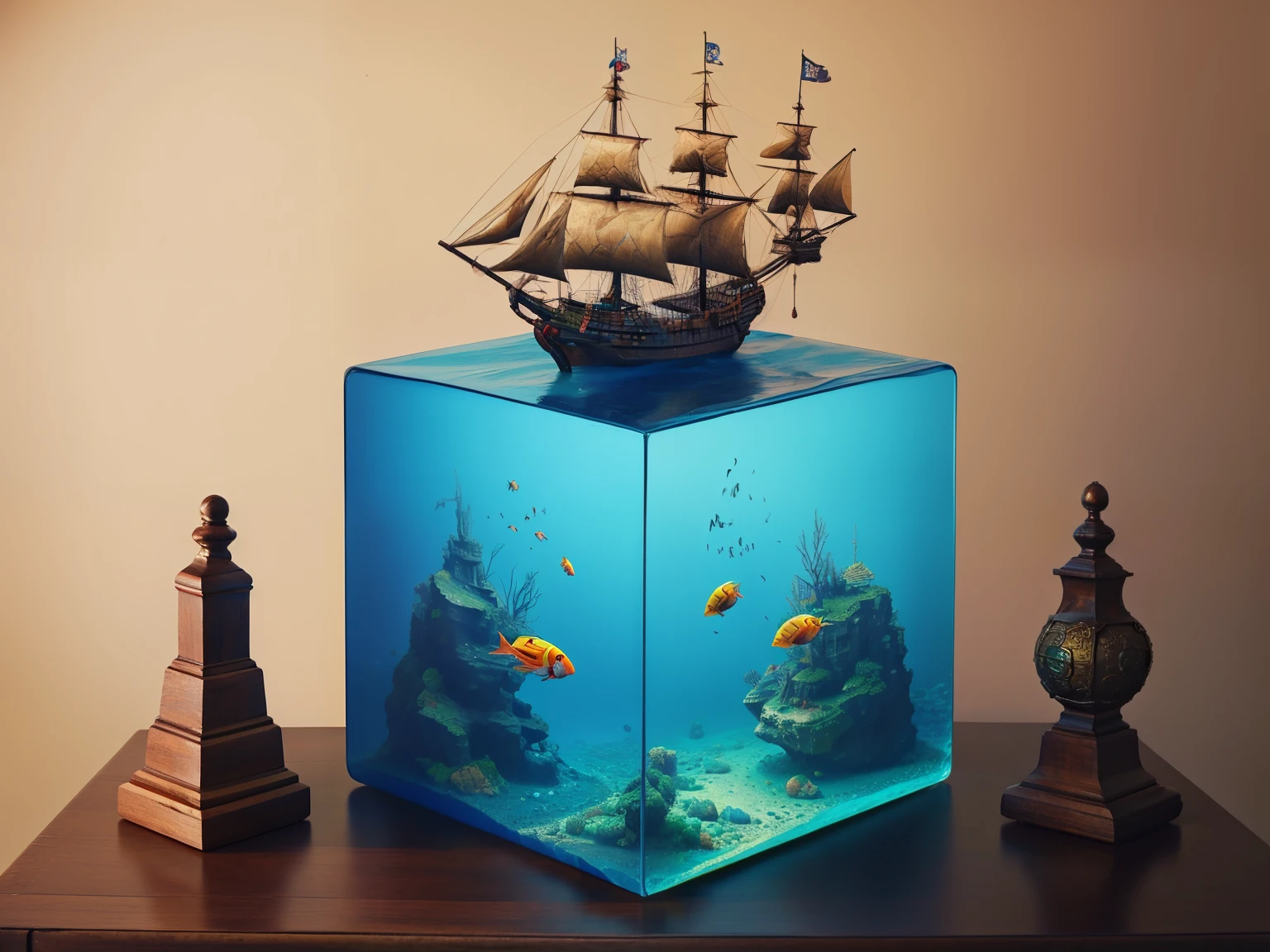 water cube, ocean、Coral Reef、Beautiful fish、treasure、1 Galleon、Smooth sailing、(On the desk in the study)、(Classic)、(Vintage)、Simple Background、Best Quality、High image quality、masterpiece、4K、8k、wallpaper、