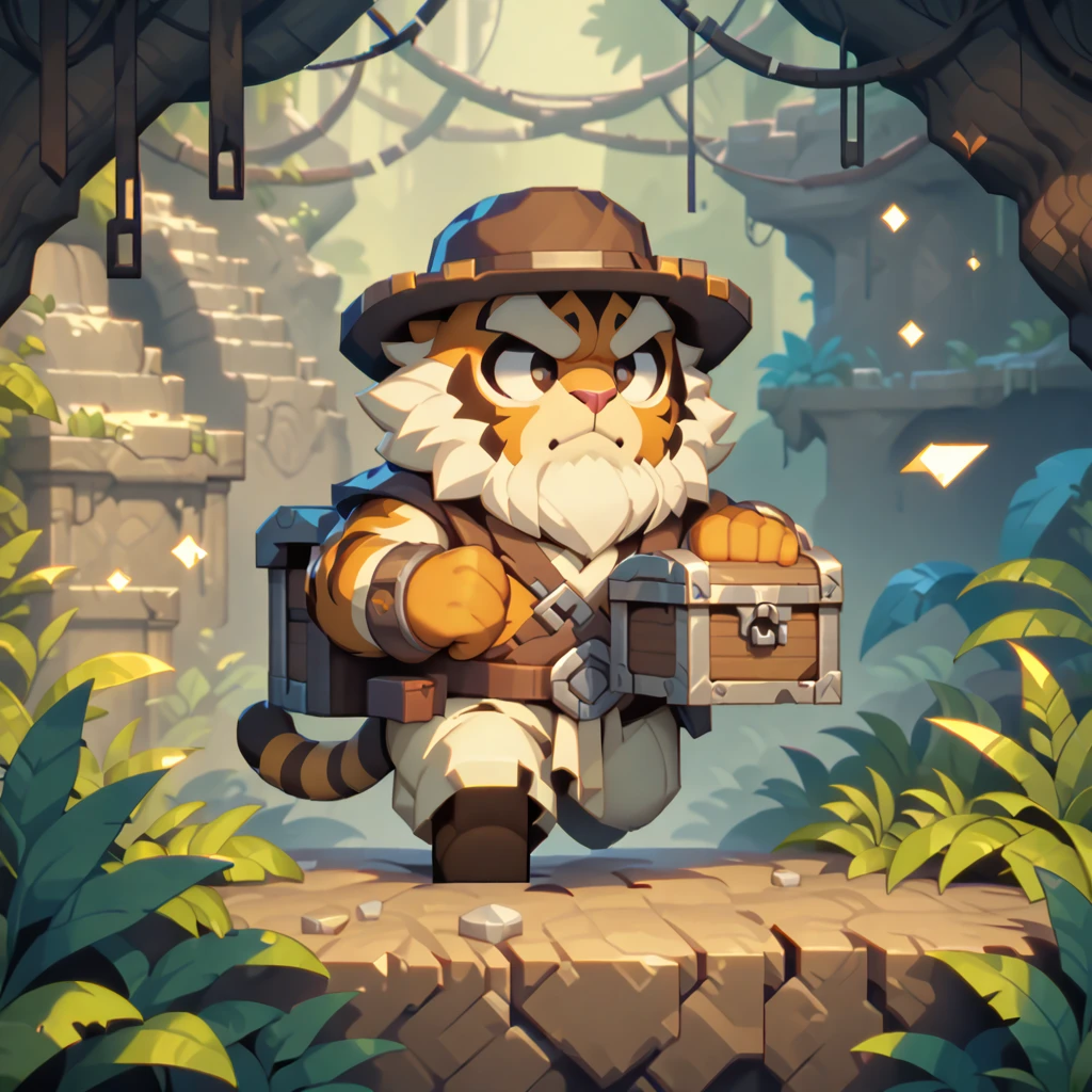 masterpiece, best quality, very aesthetic, absurdres, BREAK noise reduction, BREAK pixel art, chibi, [face:full body:10], looking away, dynamic angle, treasure hunter, plump middle-aged tiger man, fluffy body, tail, brown eyes, beautiful beard, male face, big face, square jawline, male eyes, sharp eyes, big eyes, male eyebrows, innocent look, SimplePositiveXLv2, BREAK hat, holding treasure chest, run away, running through a forest, dynamic pose, BREAK [simple background::12], jungle ruins, outdoor,  