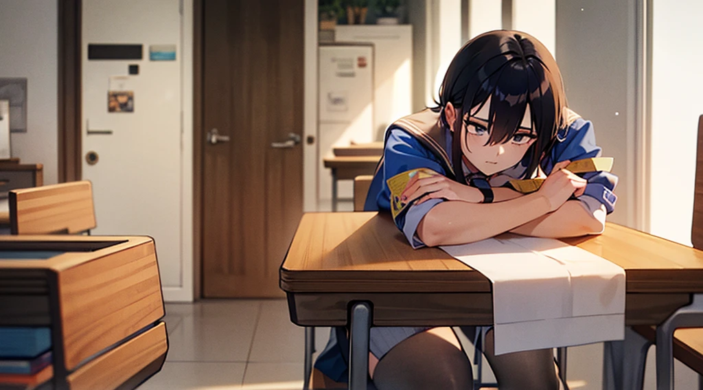 Scene of a young student, with a typical 80&#39;s anime look, sitting in a chair in his room. He wears a retro headset while studying with concentration, with the soft light of a lamp creating a calm lofi atmosphere. No fundo, a shelf with vinyl records and posters of 80s bands on the walls