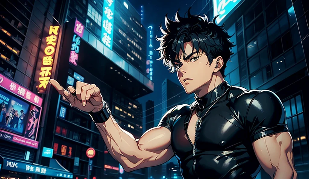 (Top quality)(masterpiece)(Very delicate writing)
(80s style anime)nitecity,A cool guy,Muscular body,All-black wear,