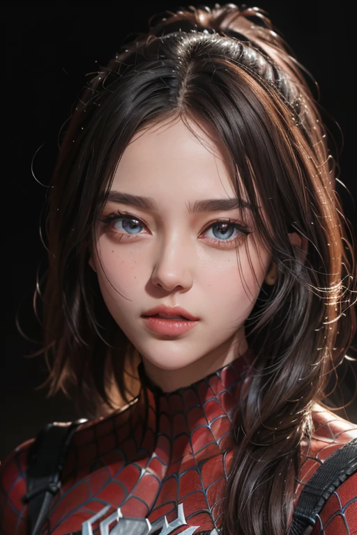 NSFW, 8k, High-level, absurd, masterpiece, best quality, primitive, very detailed CG, very detailed wallpaper, perfect lighting, Extremely detailed (((The personifying " Spiderman " as a ))), MysticSight, Tyndall effect, Tyndall scattering, Studio gray background with (many Dazzling RainbowColor particles BokeH:1.28), (RoundlyButts, ThighGap), (Exposed:0.4), (Assfocus with looking ahead), BREAK (NOGIZAKA face variations) Extremely Detailed very KAWAII face variations, perfect anatomy, Childish, captivating gaze, elaborate detailed Eyes with (sparkling highlights:1.28), long eyelashes、Glossy RED Lips with beautiful details, Coquettish tongue, Rosy cheeks, Radiant PearlSkin with clear transparency . { (Dynamic LifeLike expressions:1.4) | :d) }, (large eyes:-1) .